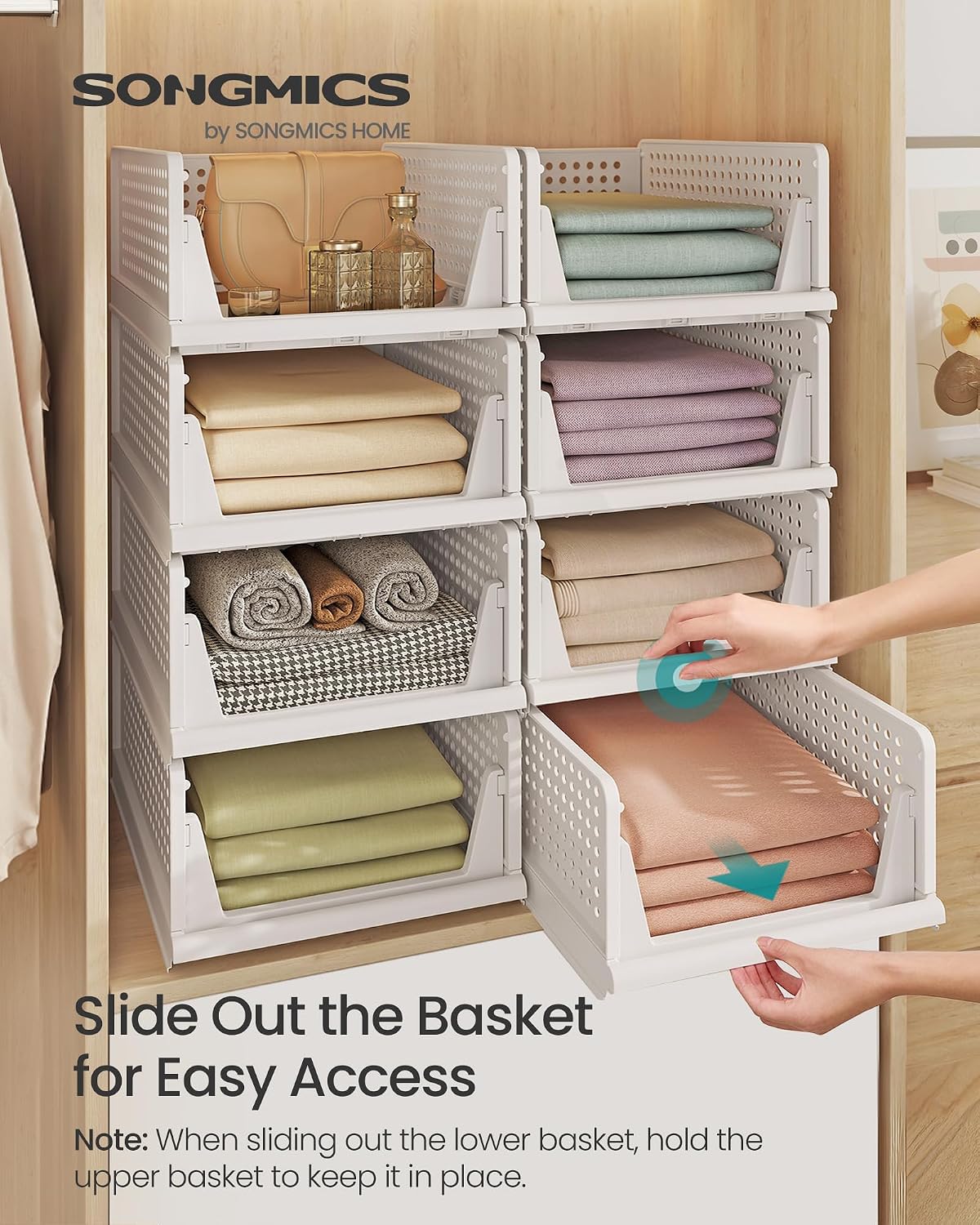 Detalle 2 de SONGMICS LPC800WZ01 Stackable Wardrobe Organiser, White PP, Pull-Out Baskets