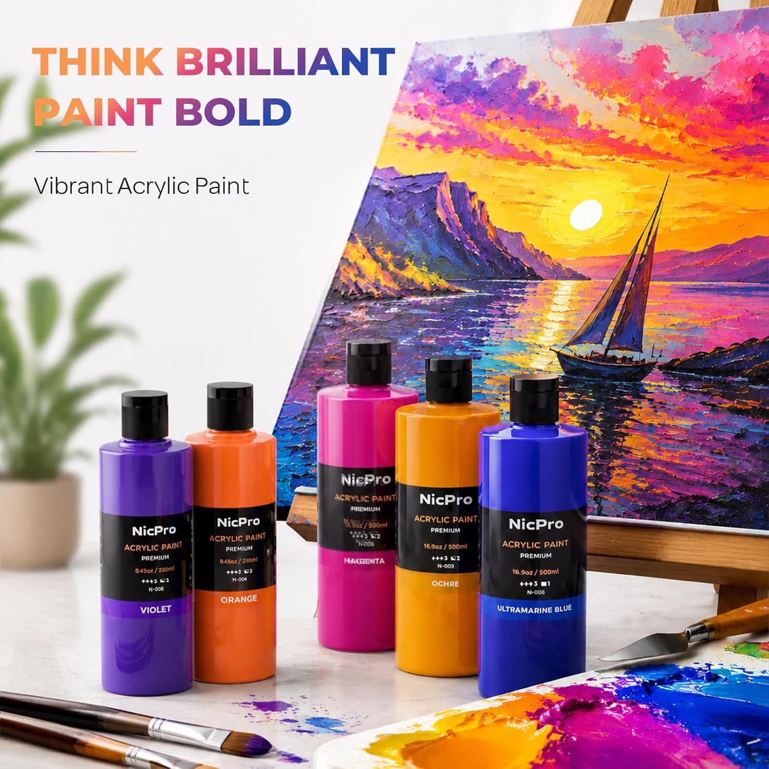 Thumbnail 1 de Nicpro 12 Colors Large Bulk Acrylic Paint Set – 8.45 oz (250 ml) for Multi-Surface Projects