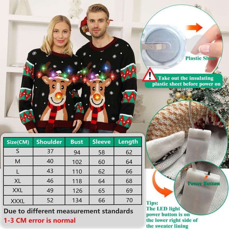 Detalle 2 de MDAI Ugly Christmas Sweater with LED Lights, Reindeer Pattern, 100% Acrylic