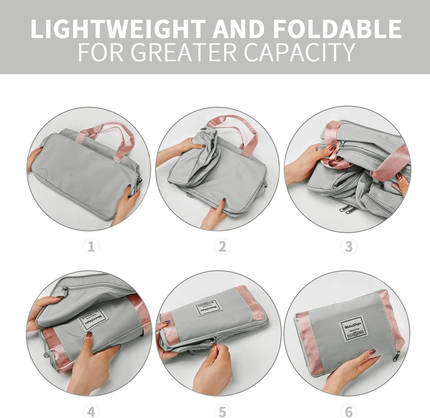 Detalle 2 de FIORETTO Foldable Weekend Bag with Shoe Compartment & Wet Pocket – 45L, Grey & Pink