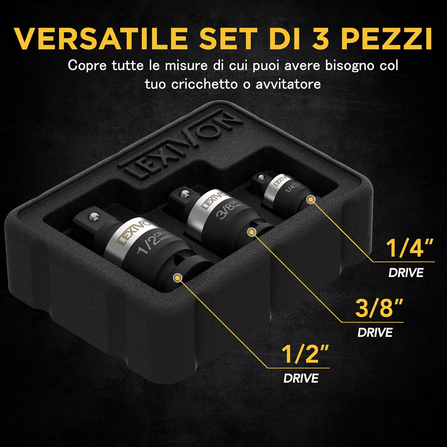 Detalle de LEXIVON LX-113-S adattatori per bussola con snodo sferico (1/4"-3/8"-1/2"), set da 3 per avvitatore a batteria e chiave dinamometrica