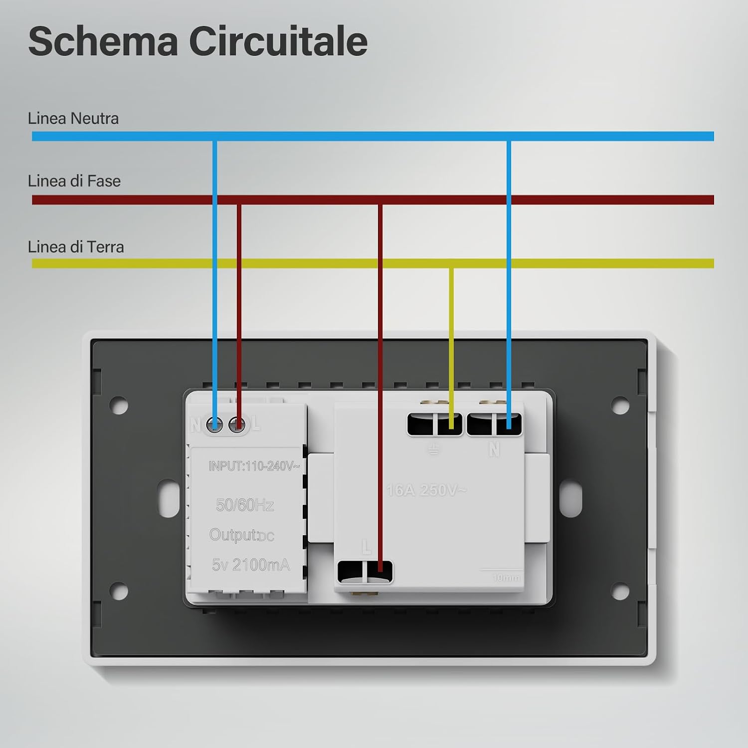 Detalle 2 de BSEED Presa Schuko e Presa Italiana con USB-A e Type-C 118 mm: potenza e compatibilità per la casa italiana
