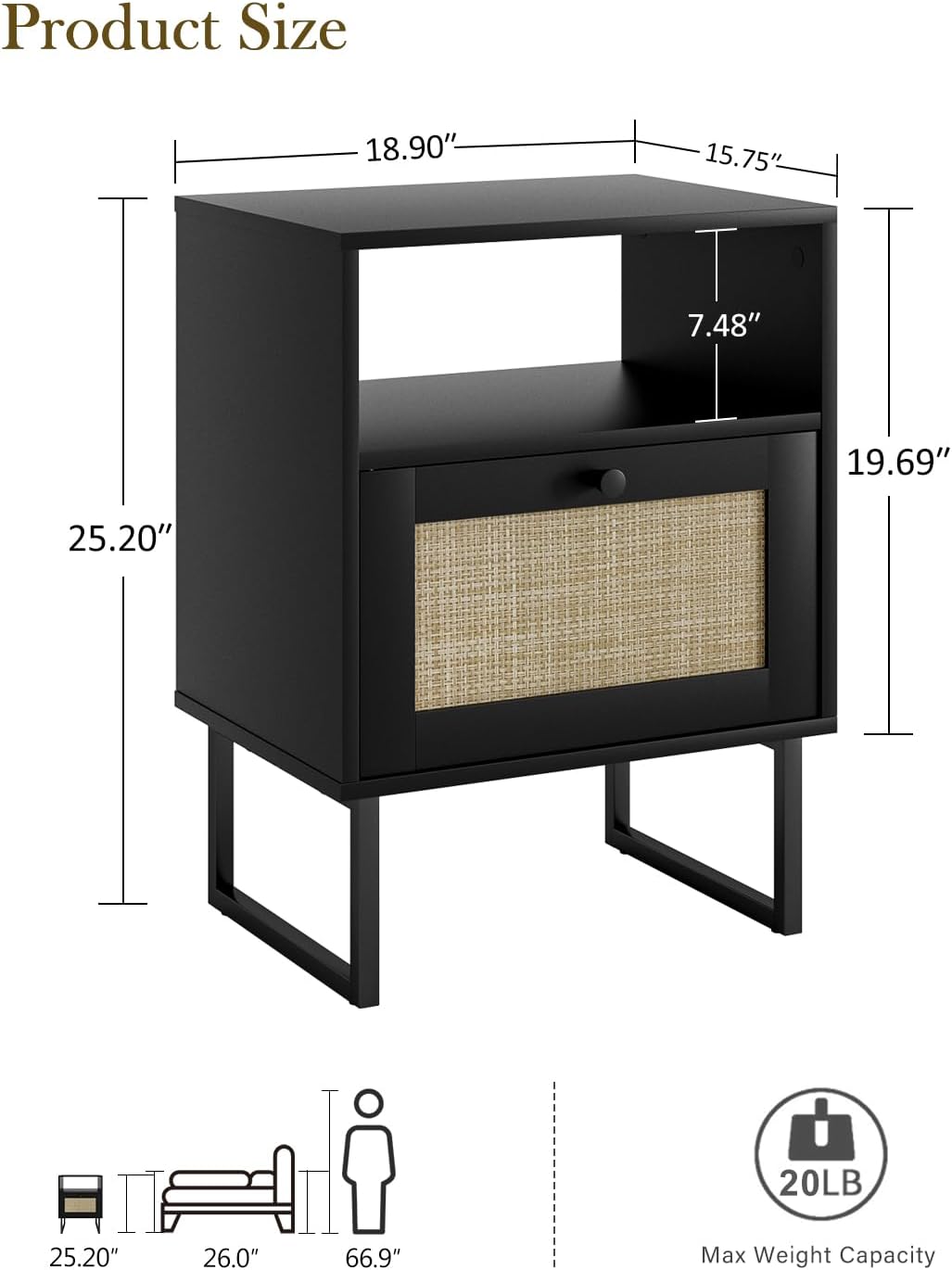 Detalle 2 de Masupu CA-HZ1378 Rattan Nightstand, Black, with Side-Opening Drawer and Open Shelf