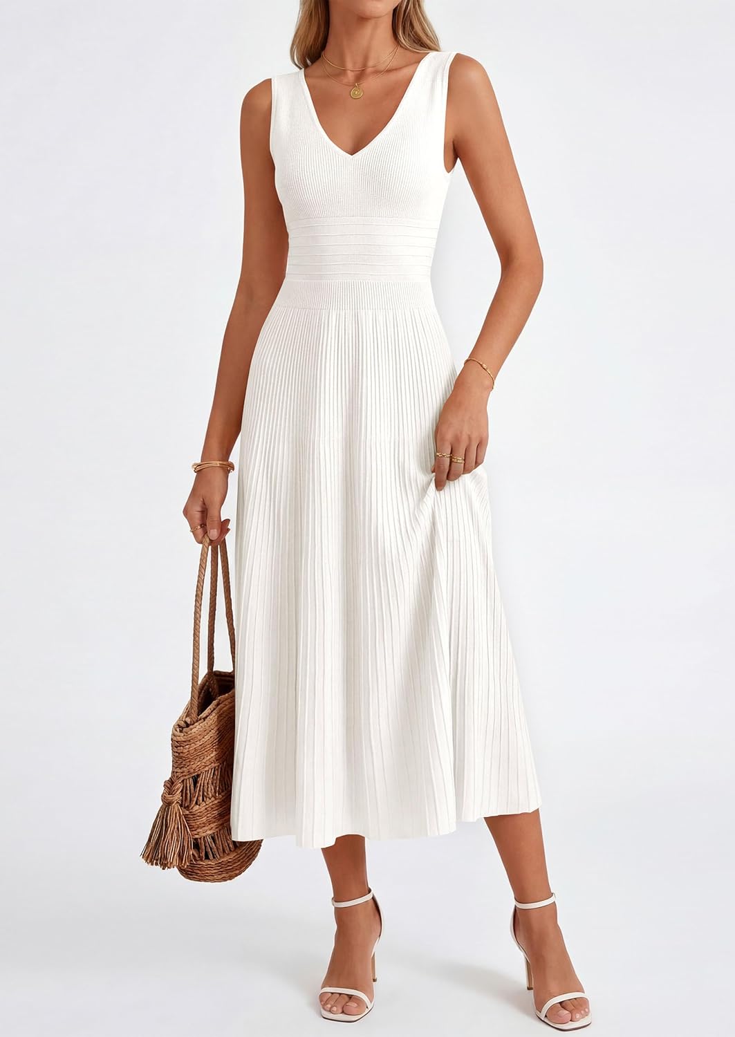 Thumbnail 3 de PRETTYGARDEN Summer Dresses for Women 2026: Pleated Midi Sleeveless V-Neck Dress