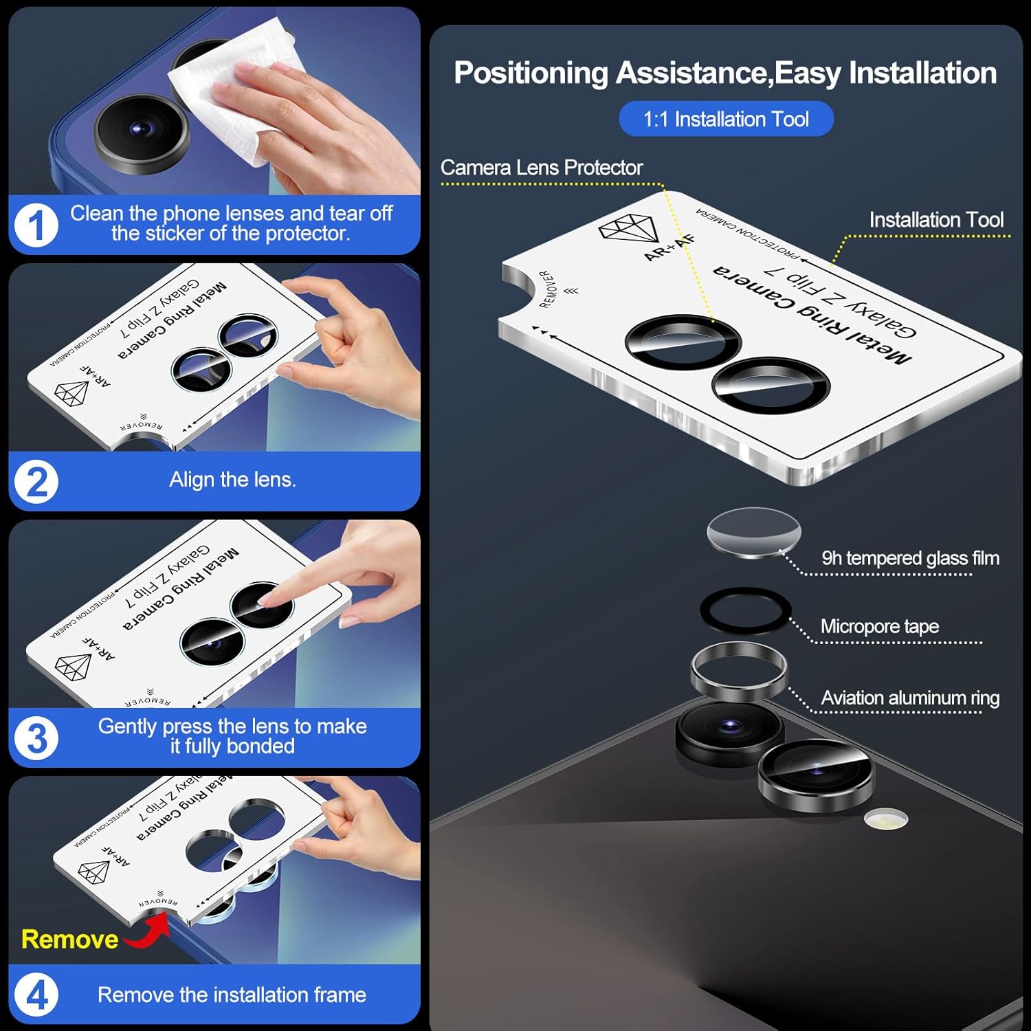 Detalle de Avocase Camera Lens Protector for Samsung Galaxy Z Flip 7 – 9H Tempered Glass with Black Metal Ring