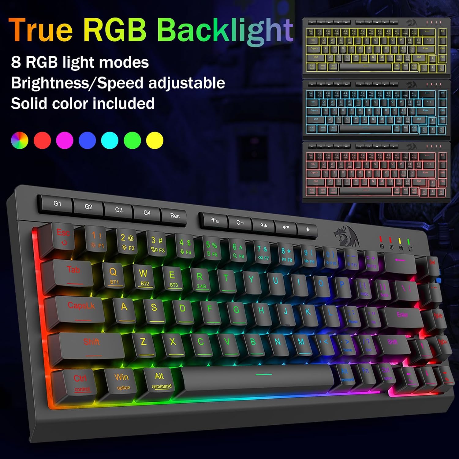 Detalle 2 de Redragon Wireless Gaming Keyboard (Tri-Mode Bluetooth/2.4GHz/USB-C) – 60% Mini RGB Macro Keyboard