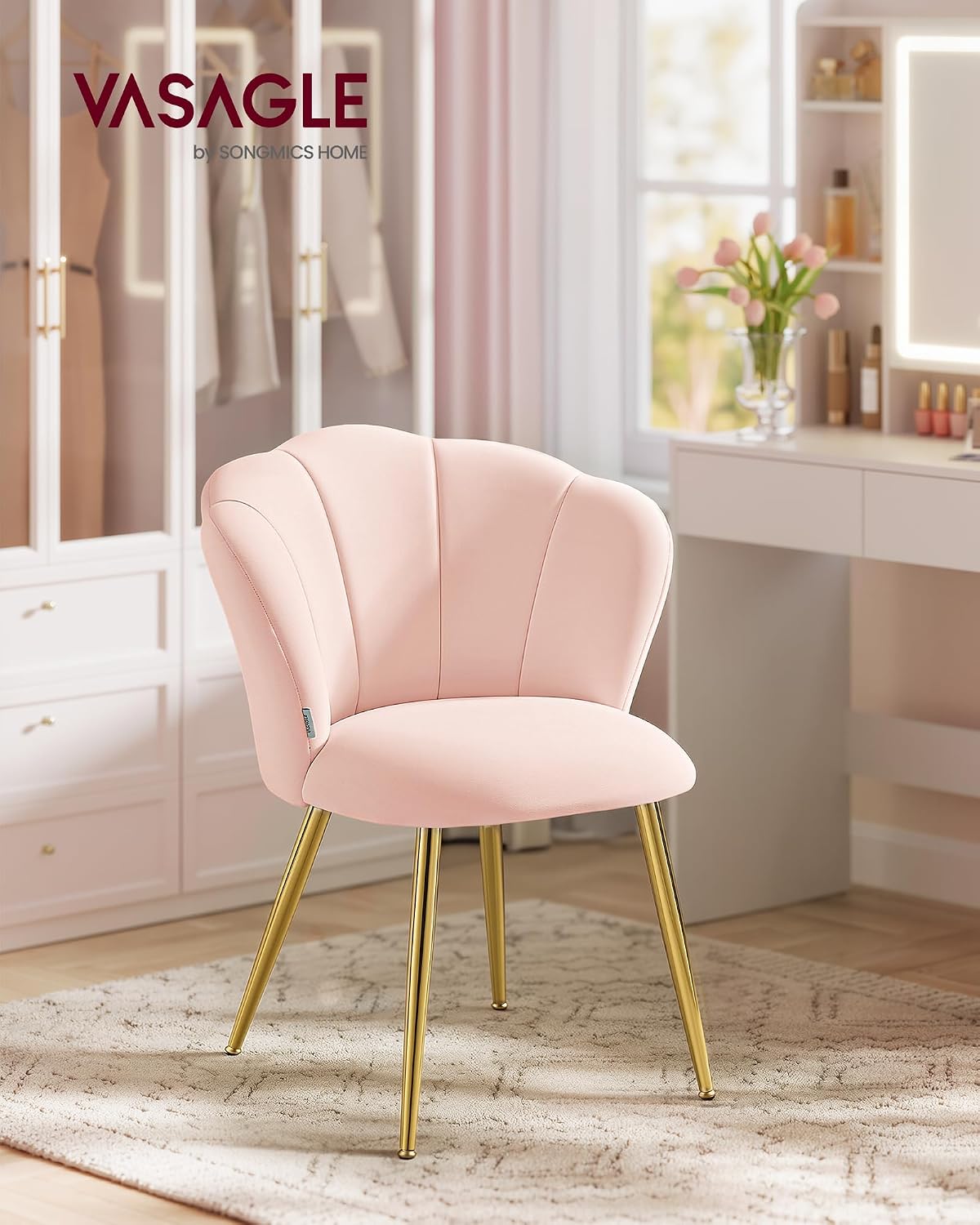 Detalle de VASAGLE Sedia da Pranzo Cucina KDC099S101: seduta imbottita in velluto rosa con schienale a forma di petali
