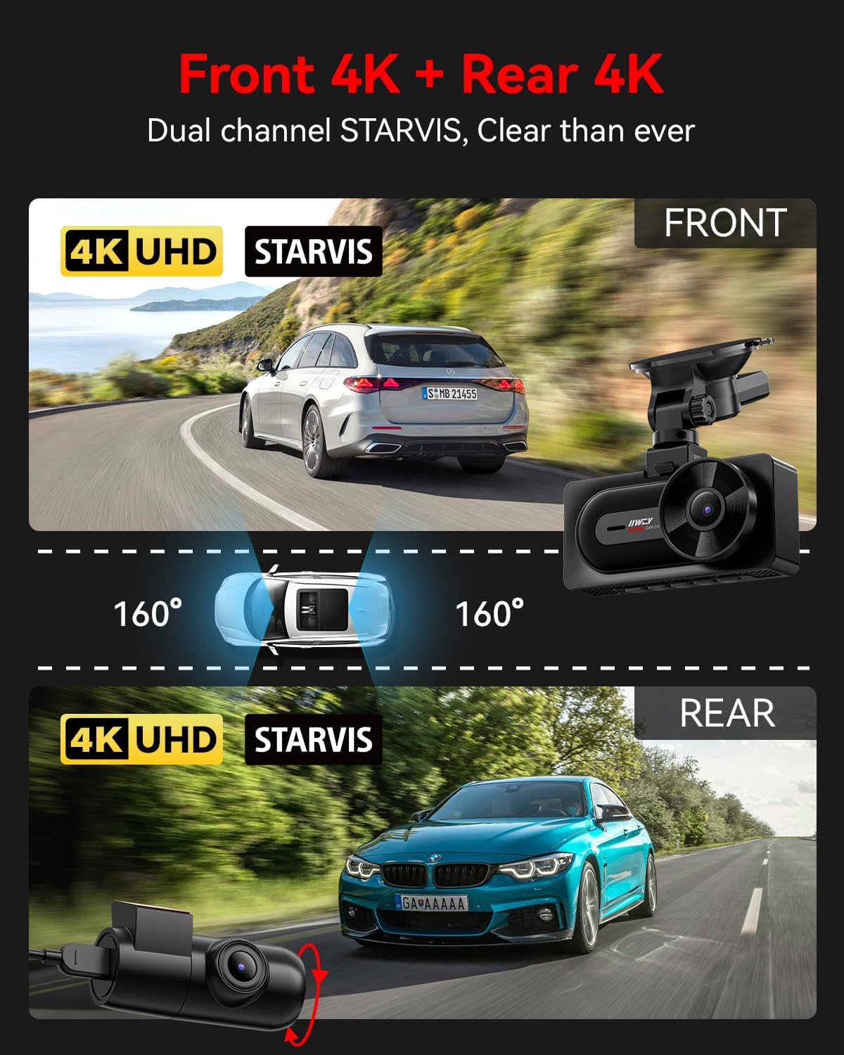 Thumbnail 1 de IIWEY 4K+4K Dash Cam with Dual STARVIS 128GB