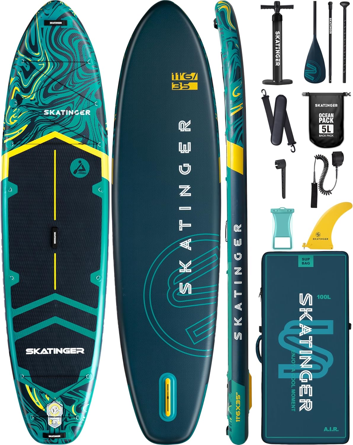 Skatinger 11'6" x 35" Super Wide Inflatable SUP Board (Up to 450 lb) w/ 100L Backpack, Shoulder Strap & 10" US Fin
