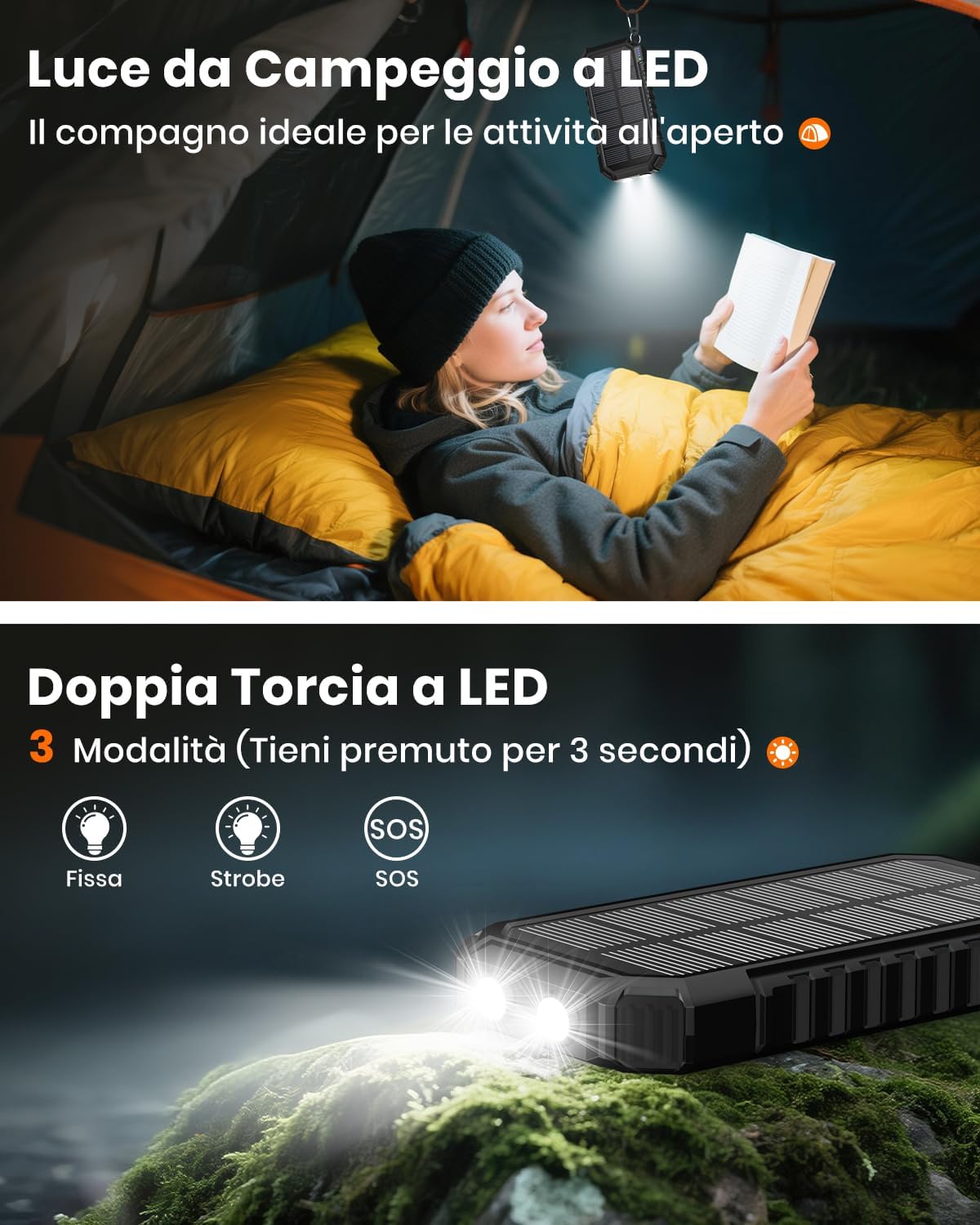 Detalle de Power Bank Solar 20000mAh 15W con cavi integrati e torcia LED – Caricatore rapido portatile per iPhone e Android