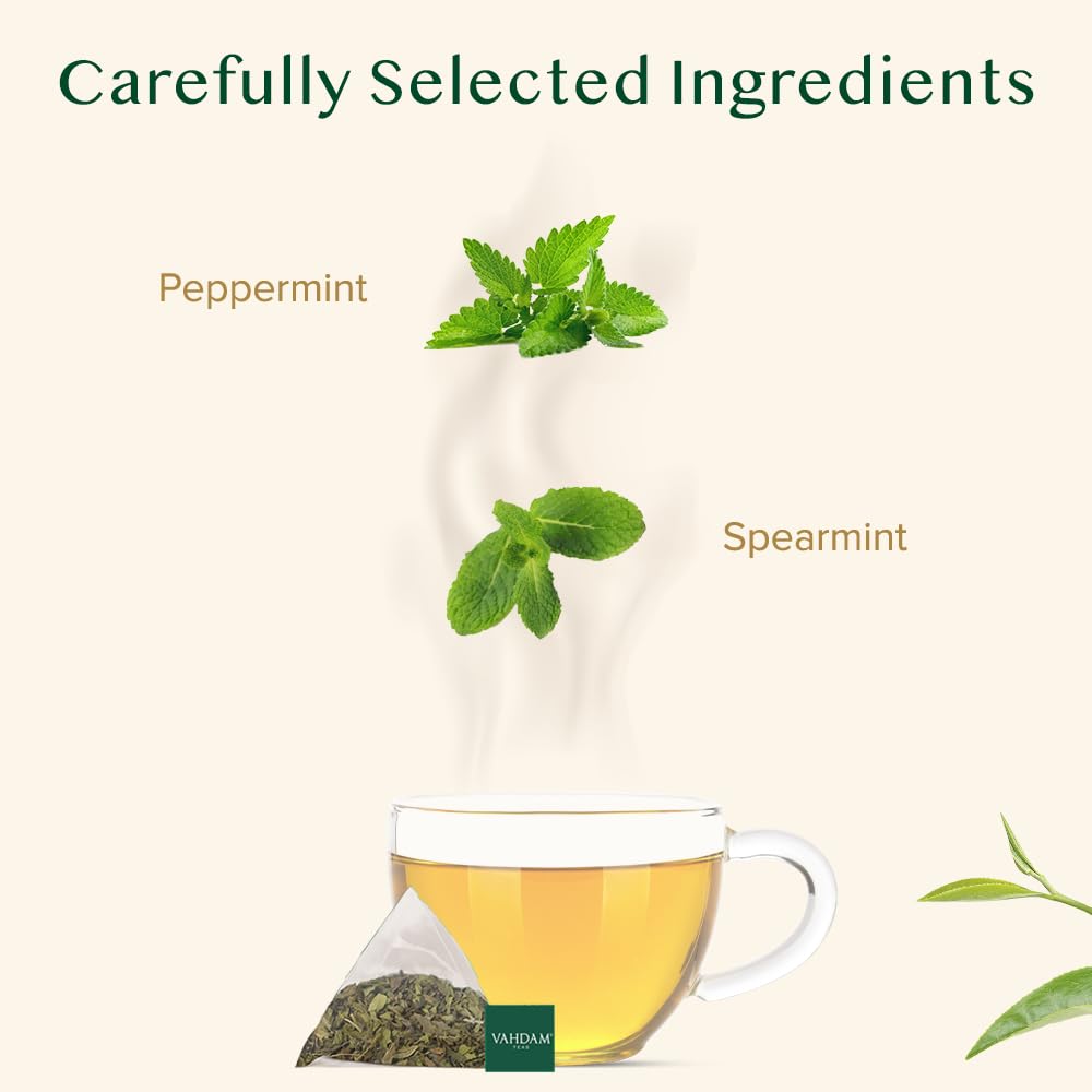 Detalle de VAHDAM Pure Mint Kräutertee Beutel (100 Teebeutel) koffeinfrei – Pfefferminze & Krauseminze