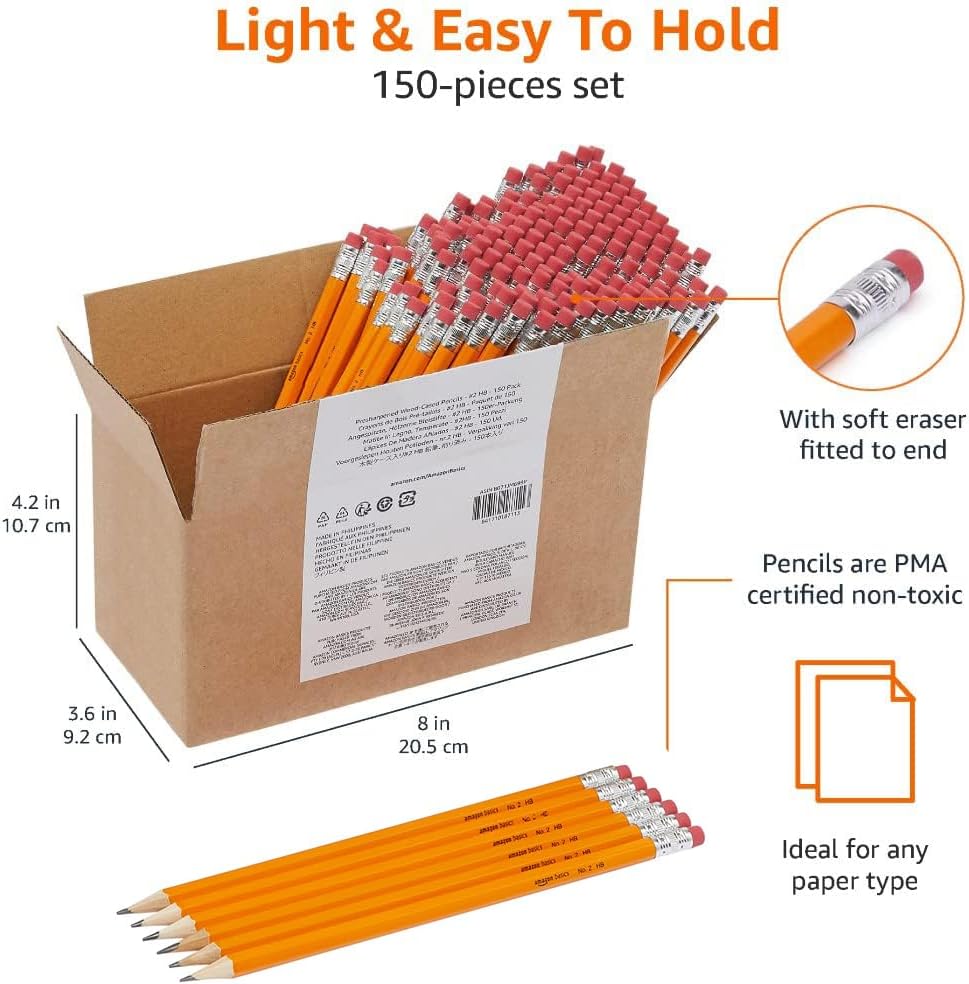 Detalle de Amazon Basics Wood Cased Graphite #2 HB Pencils (Presharpened, No Smudge Eraser) – Pack of 150