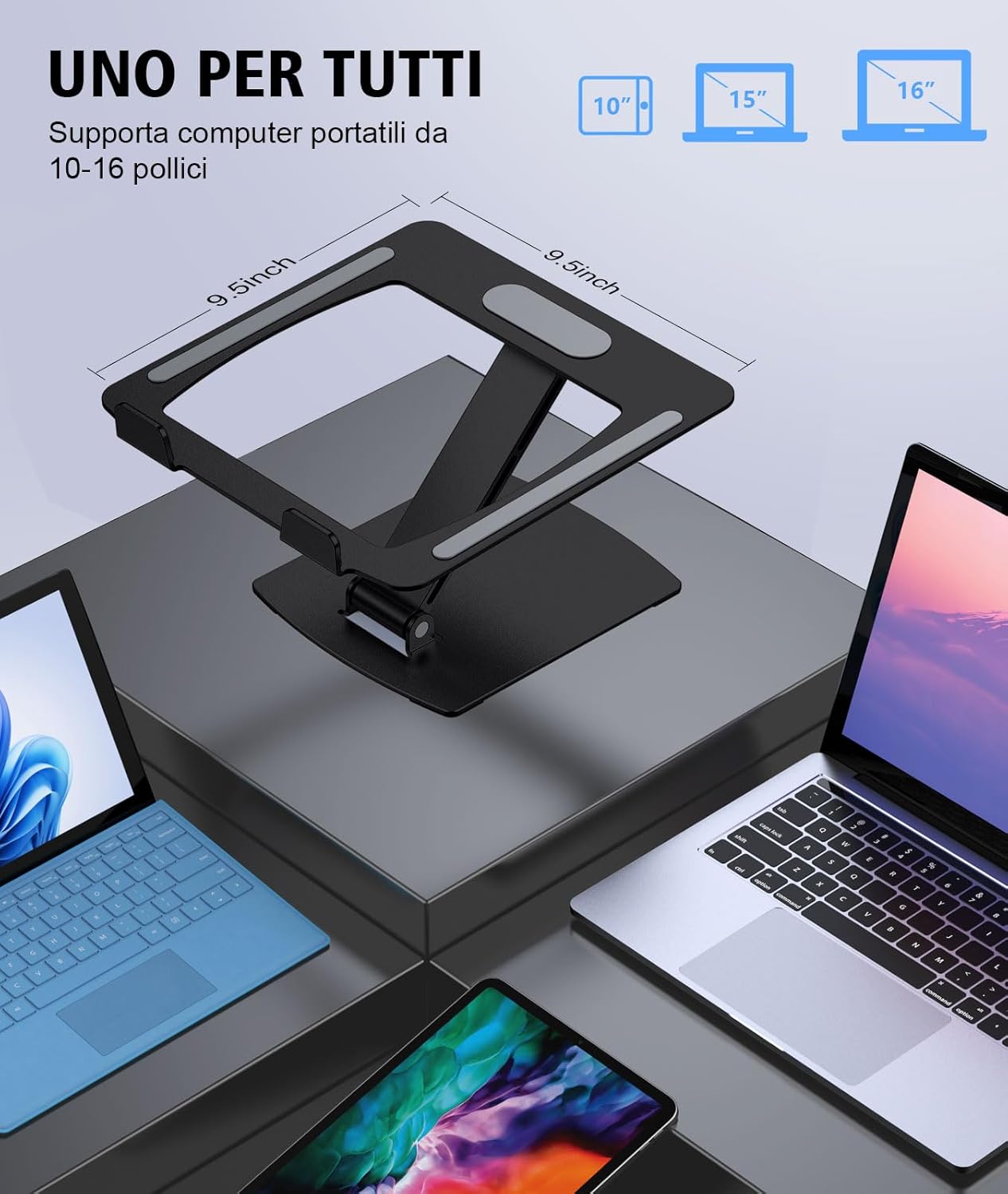 Thumbnail 5 de Glangeh Supporto PC Portatile: piedistallo pieghevole in alluminio per 10–16'' con 8 livelli di altezza, ergonomico e ventilato
