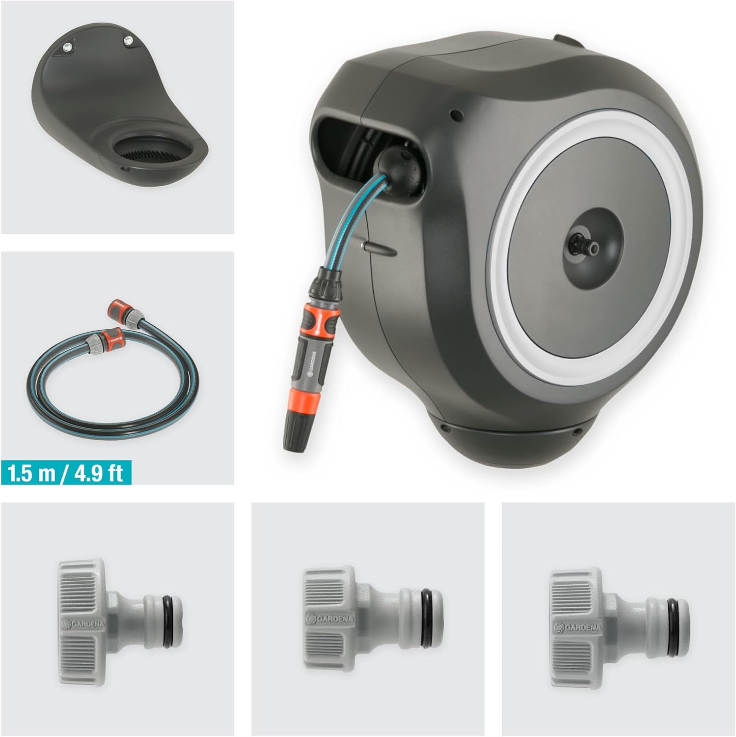 Detalle de Gardena RollUp M - Tubo da parete 20 m per irrigazione flessibile, avvolgitubo girevole con supporto e accessori