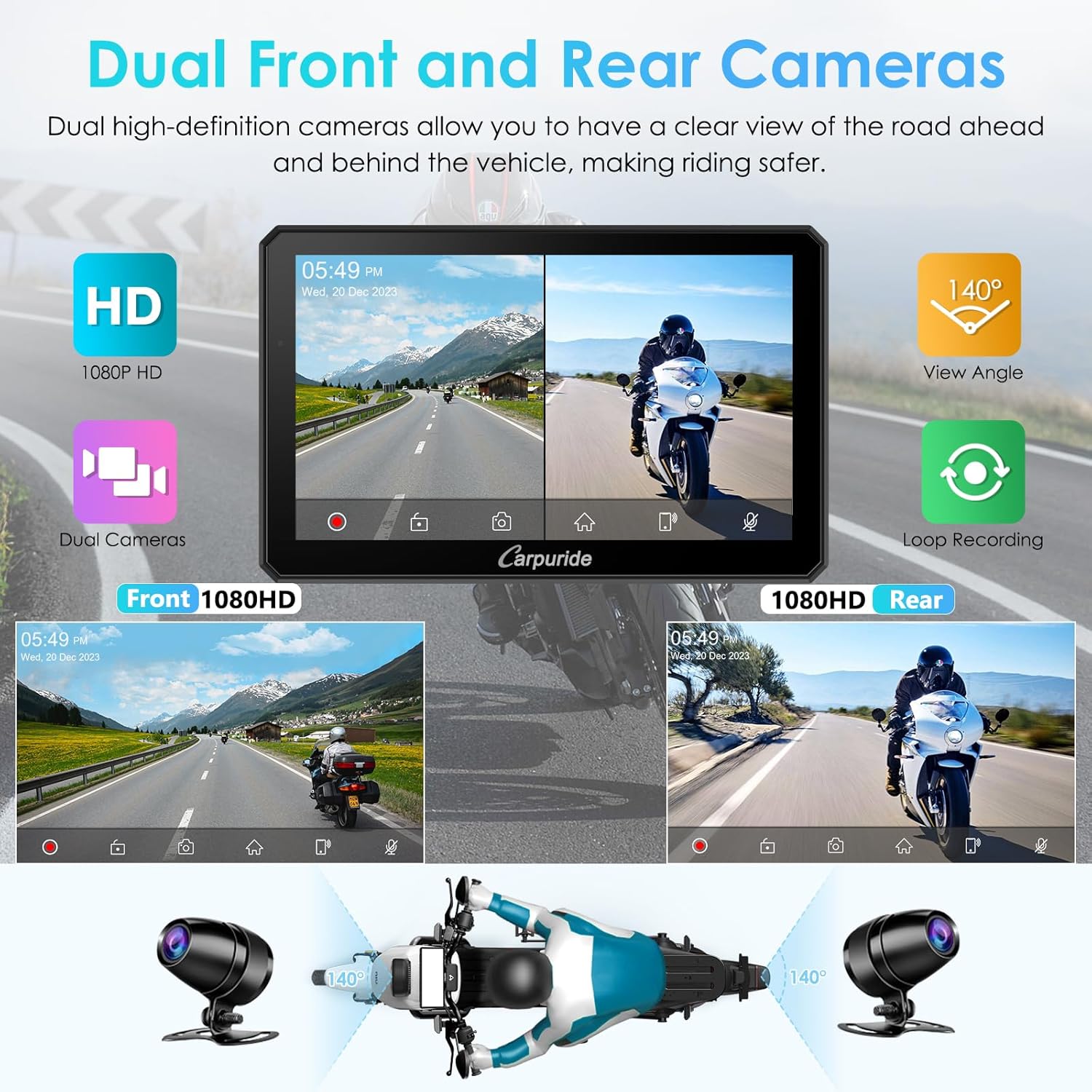 Thumbnail 2 de Carpuride W712D Motorrad CarPlay Bildschirm mit 7" Touch, 1080P Dual-Kameras & kabellosem CarPlay/Android Auto