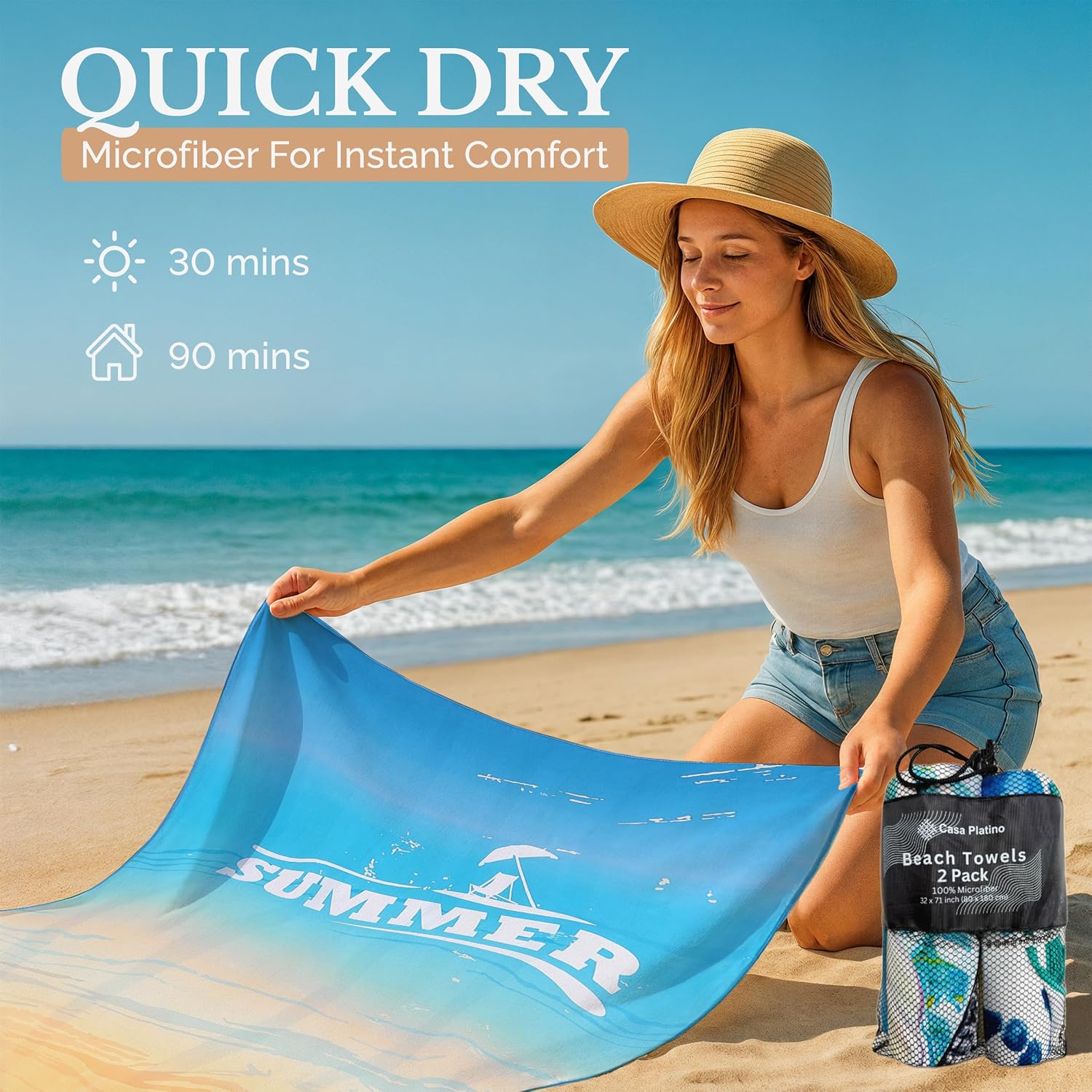 Thumbnail 4 de Casa Platino Extra Large Microfiber Beach Towels (2-Pack, 71x32in) – Quick-Dry, Sand-Free & Oversized