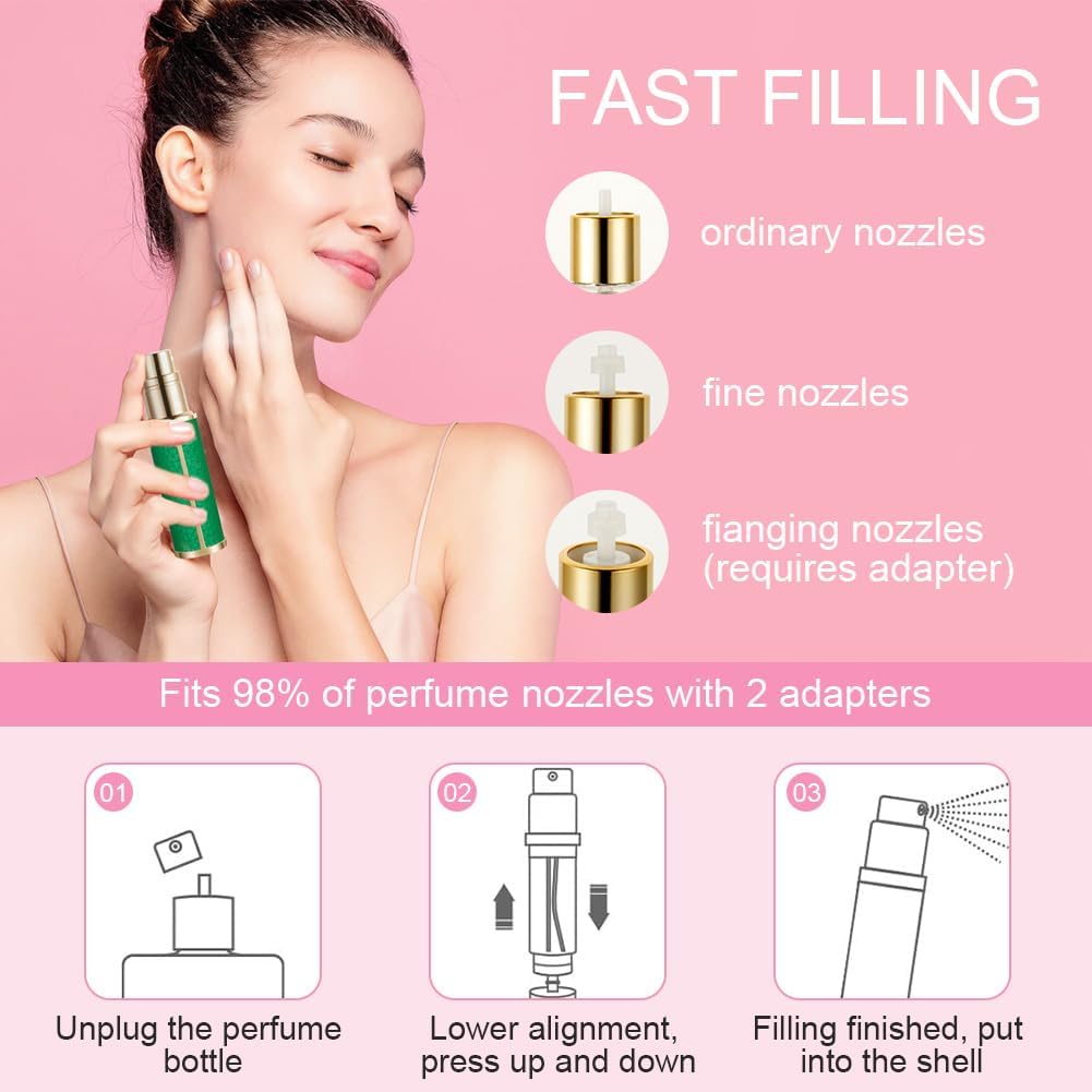 Detalle de LOPHE flacone spray profumo da viaggio 5 ml con ricarica e nebulizzatore in PU motivo litchi (verde)