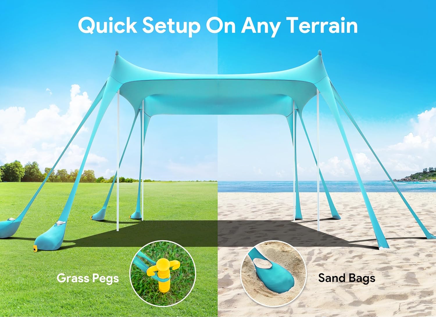 Thumbnail 5 de Osoeri Beach Tent Sun Shelter UPF50+ (10×10 ft) with 8 Sandbags, Shovels, Ground Pegs & Poles