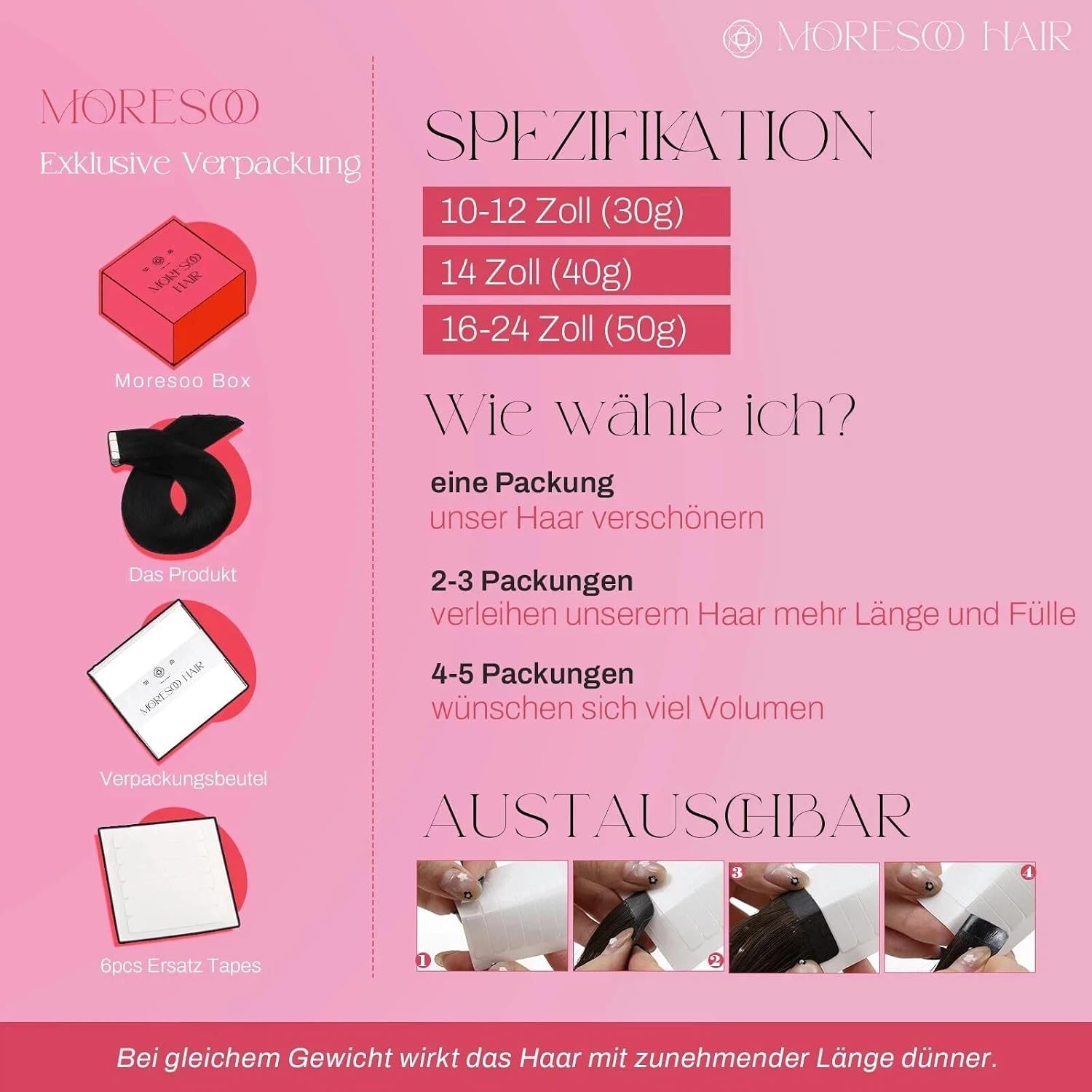 Thumbnail 3 de Moresoo Tape Extensions Echthaar – 20 Stk Dunkelbraun, 45 cm, 50 g, glattes Haar