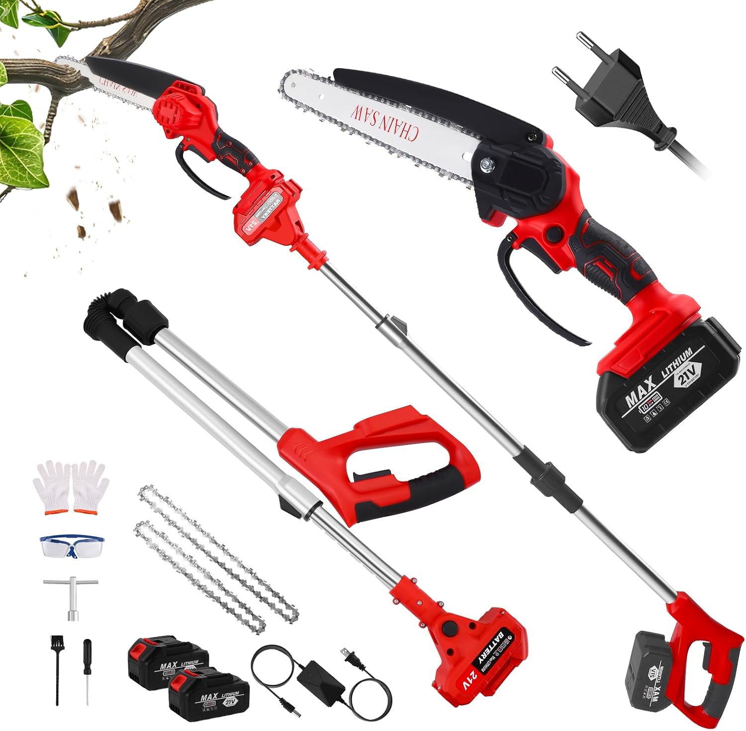 2 in 1 Potatore a Batteria con asta telescopica da 180 cm – Motosega e potatore portatile 8 pollici