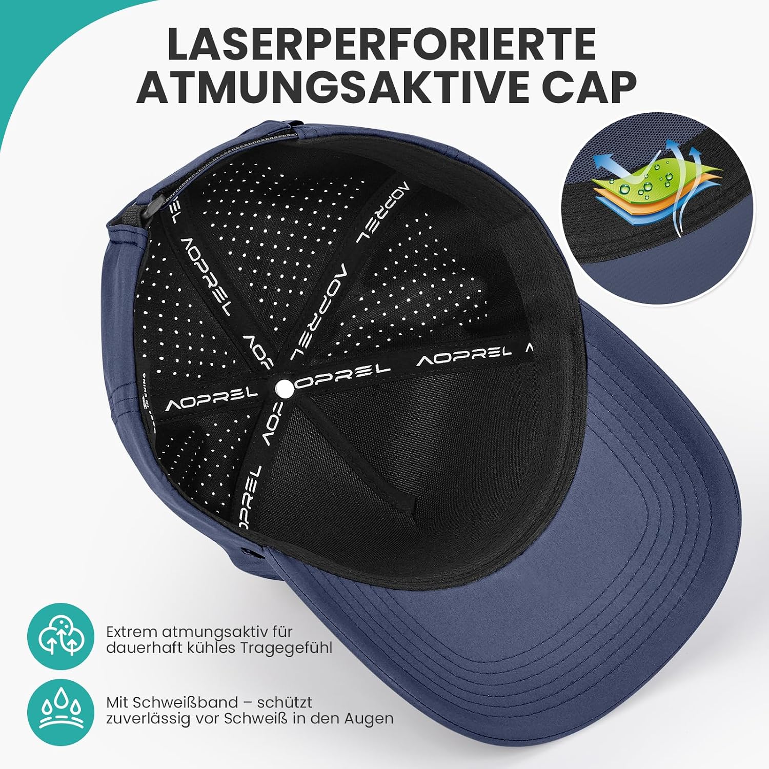 Detalle 2 de AOPREL Basecap Unisex – Wasserabweisend, atmungsaktiv & schnelltrocknend (5-Panel) – S-M / M-L