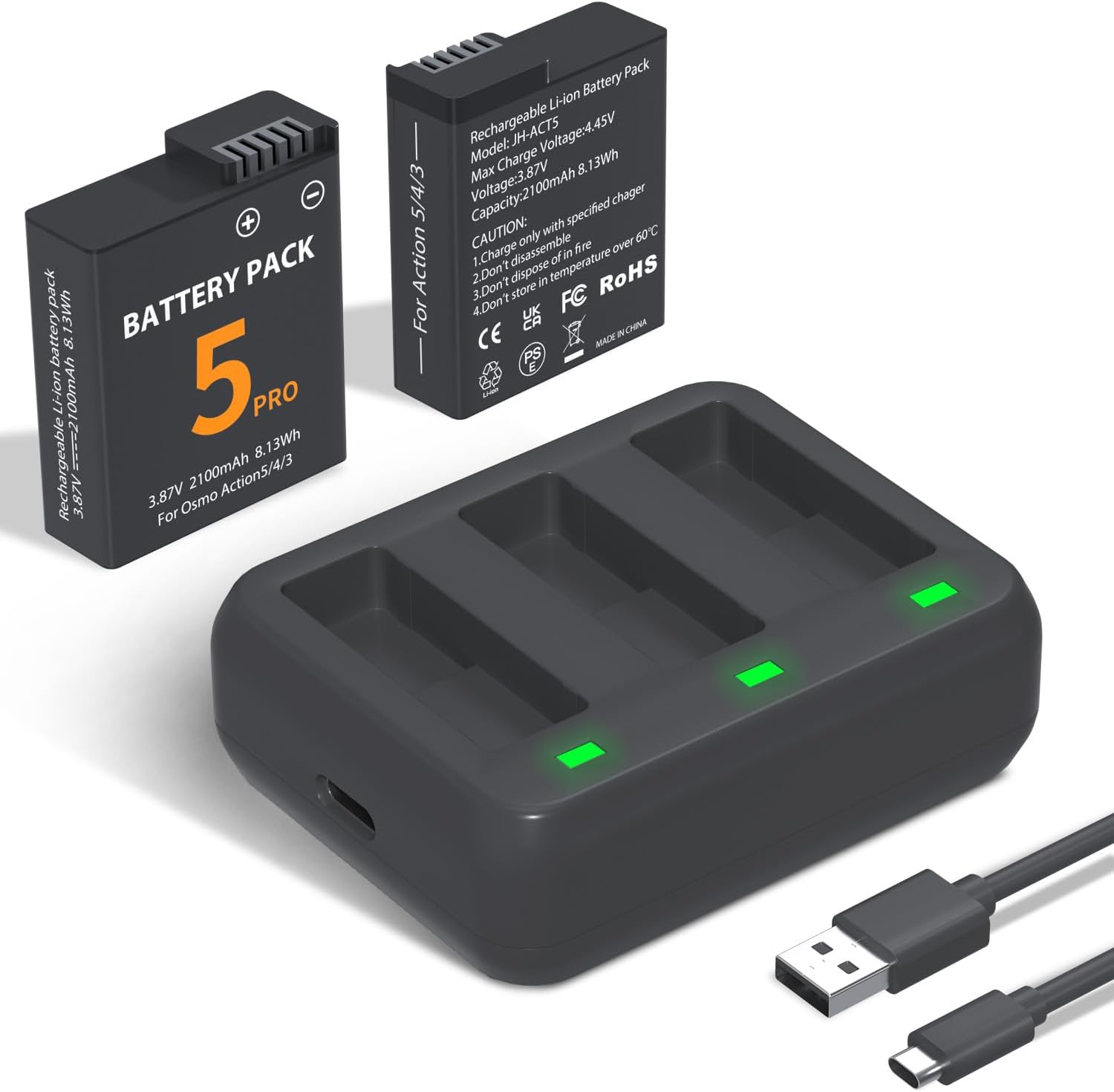 Detalle de LP Osmo Action 5 Pro Battery Charger Pack: 2x 2100mAh Replacements for DJI Osmo Action 3/4/5 Pro