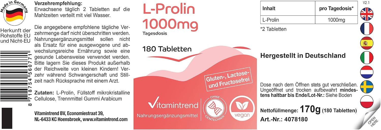 Thumbnail 5 de Vitamintrend L-Prolin 1000 mg pro Tagesdosis – hochdosiert, vegan, in Deutschland hergestellt