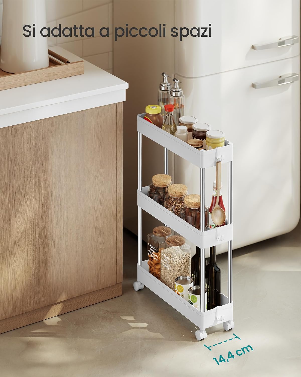 Detalle de SONGMICS Carrello Portaoggetti a 3 Livelli KSC007W01: efficiente, snello e versatile per casa, cucina e ufficio