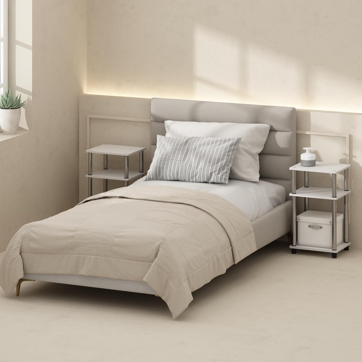 Thumbnail 1 de Furinno JUST Set di 2 Comodini Turn-N-Tube a 3 livelli, Rovere bianco/Acciaio inossidabile