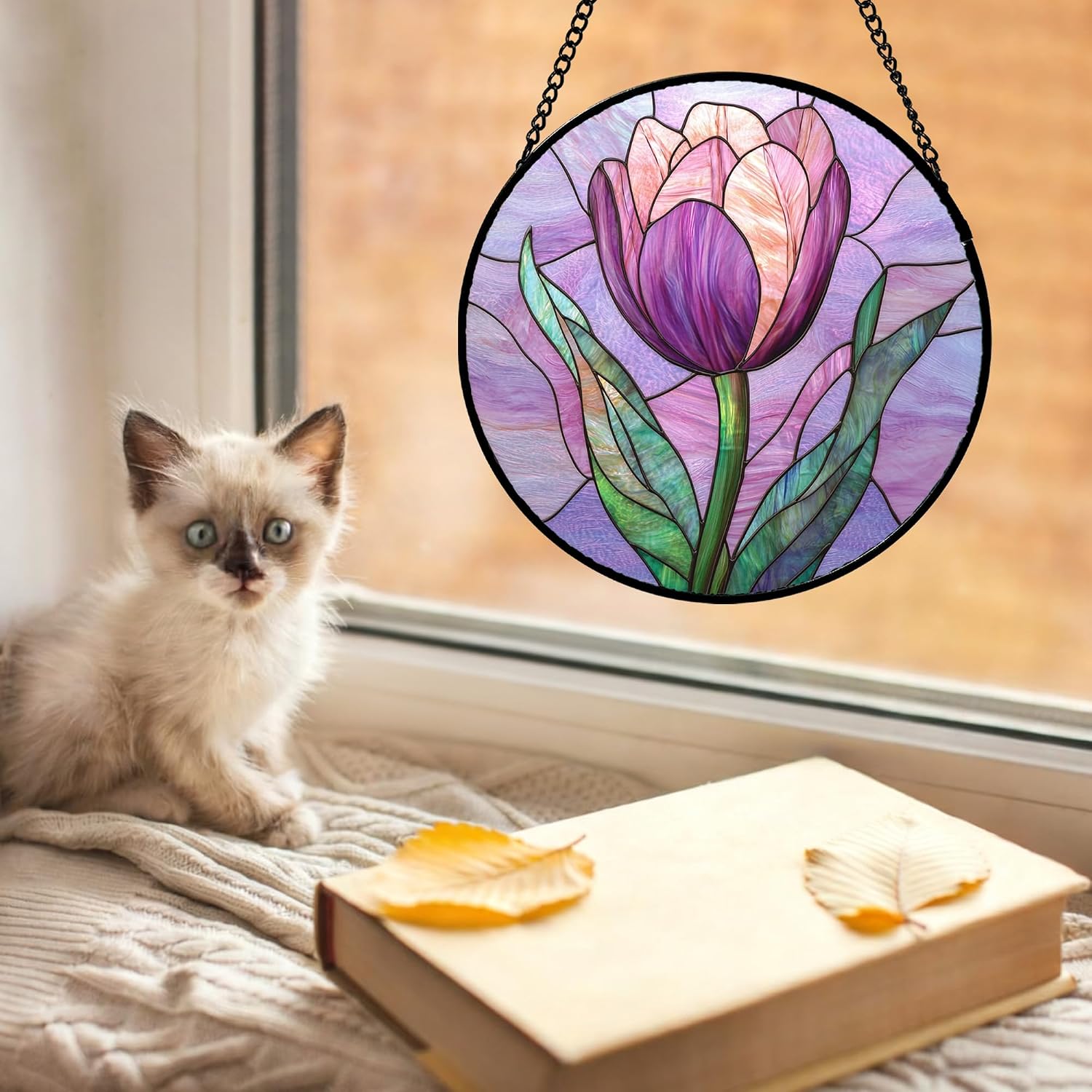 Detalle 2 de Purple Tulip Stained Glass Window Hanging Suncatcher, 9.8-Inch