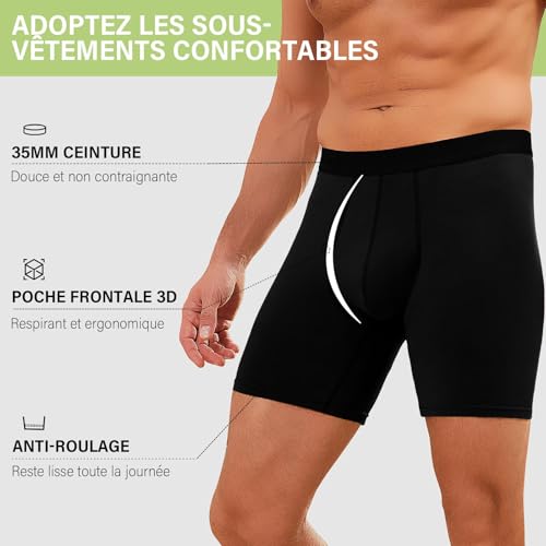 Detalle de PUTUO Boxers Homme Longs en Bambou – Lot de 6 Sans Étiquette avec Poche 3D, Noir