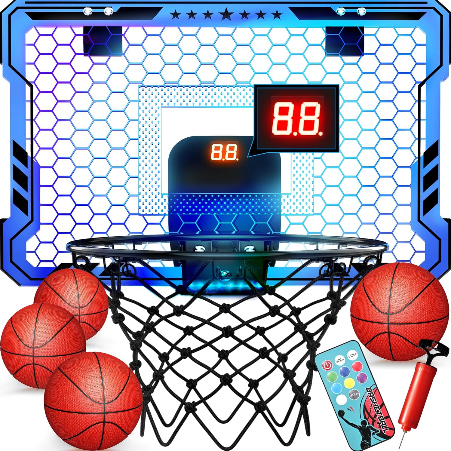 Ropoda Indoor Basketball Hoop with 7 LED Lights, Remote Scoring & 4-Ball Play (Mini Door Hoop)