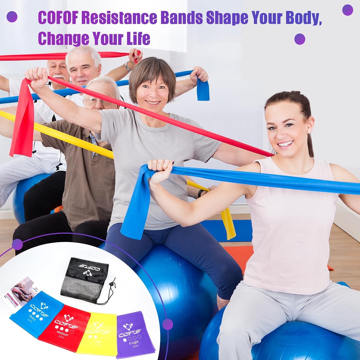 Thumbnail 4 de COFOF Resistance Bands 1.8m/4-Colour Set (4 Levels) – Latex-free Exercise Band