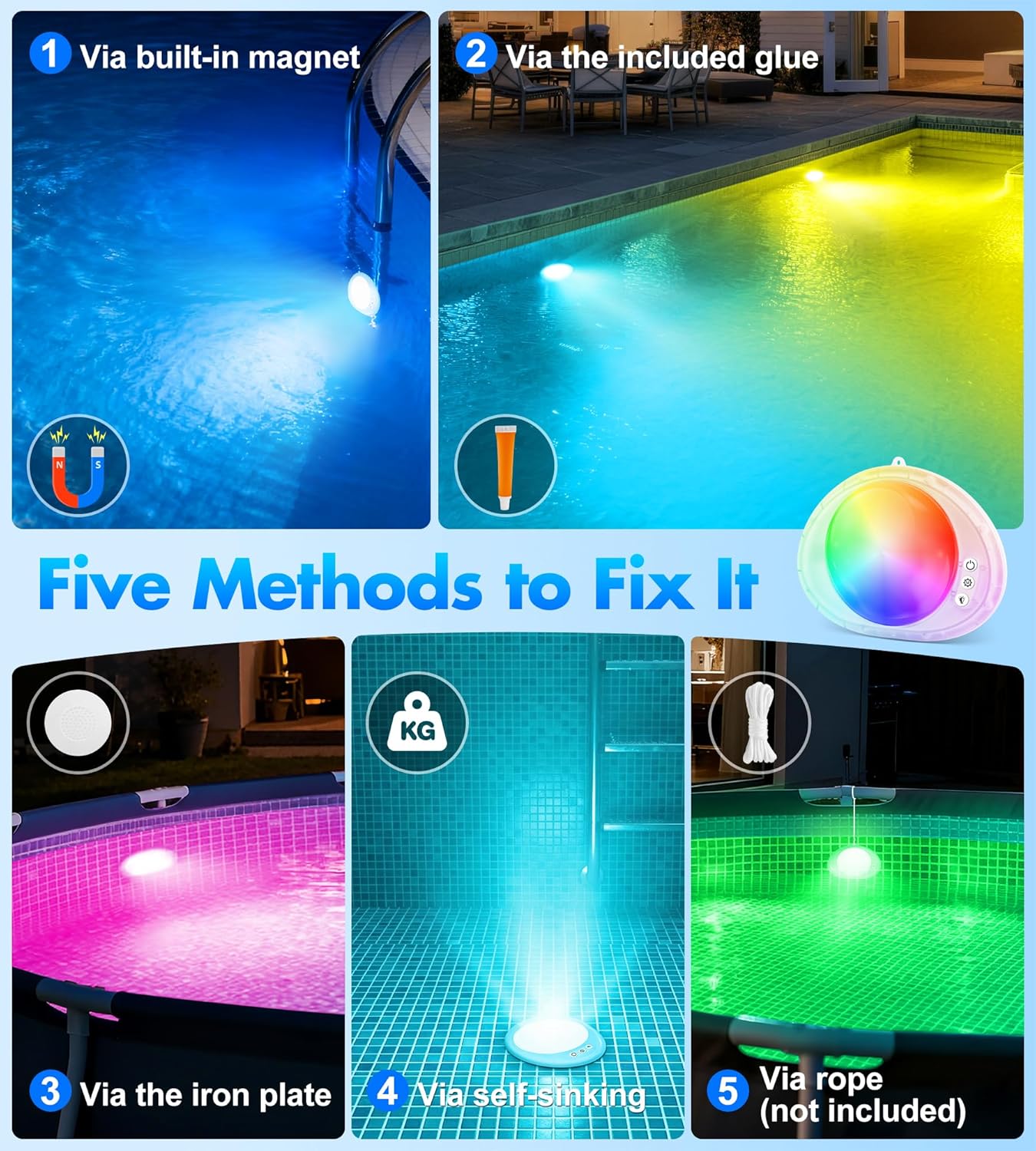 Detalle 2 de DeeprBlu 2026 Éclairage Piscine Submersible Sans Fil avec Télécommande – LED Etanche IP68 et Rechargeable