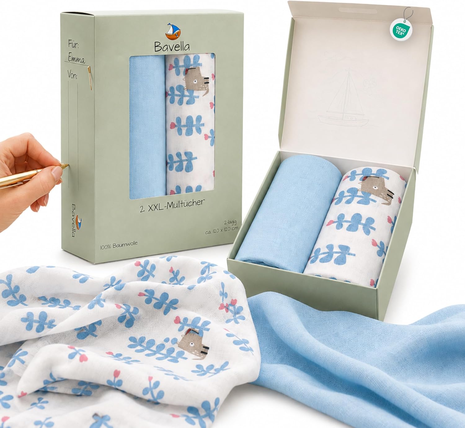 Detalle de Bavella 2er Set XXL Musselin Baby Decke & Tuch 120x120 cm – ÖKO-TEX zertifiziert, 100% Baumwolle