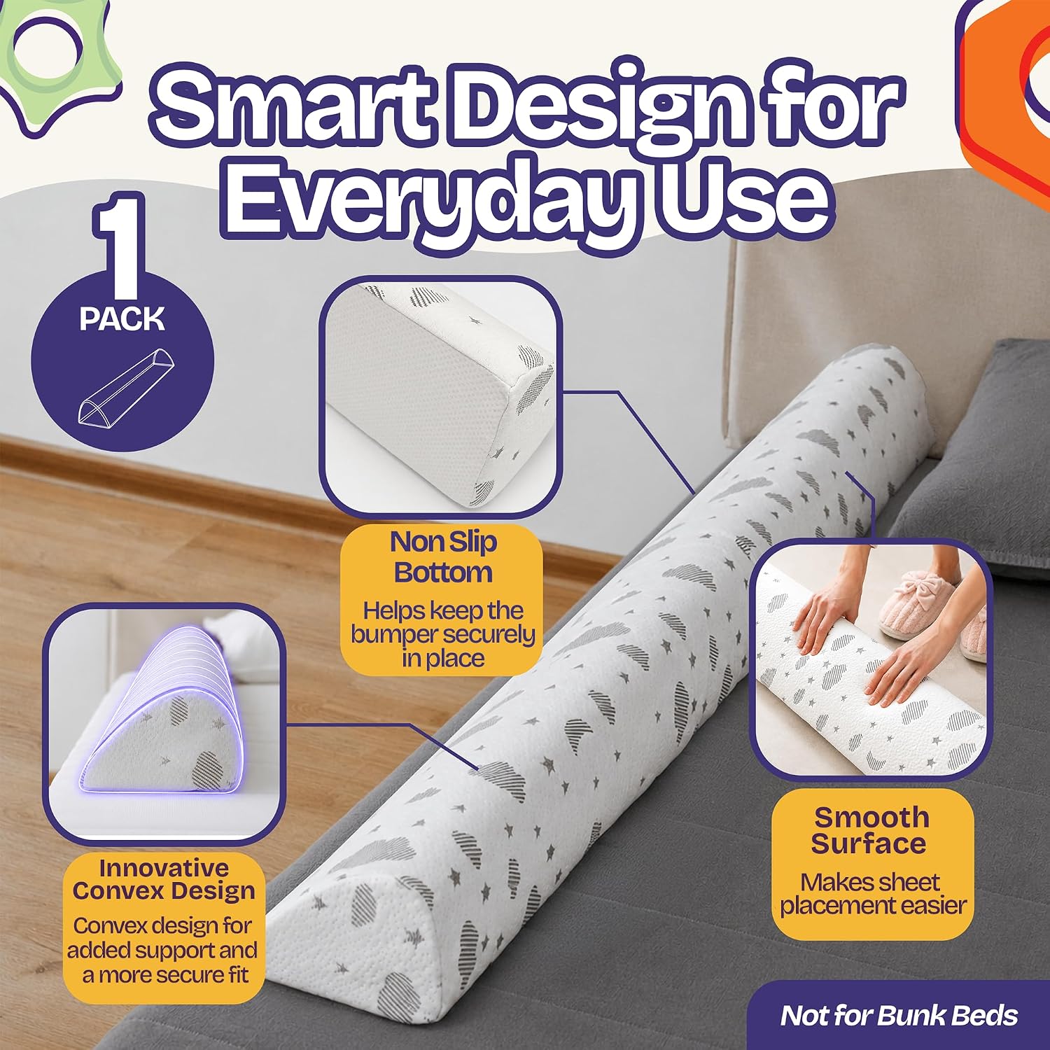 Detalle de ComfyBumpy Toddler Bed Bumper, 52" x 5" Foam Rail with Non-Slip Base