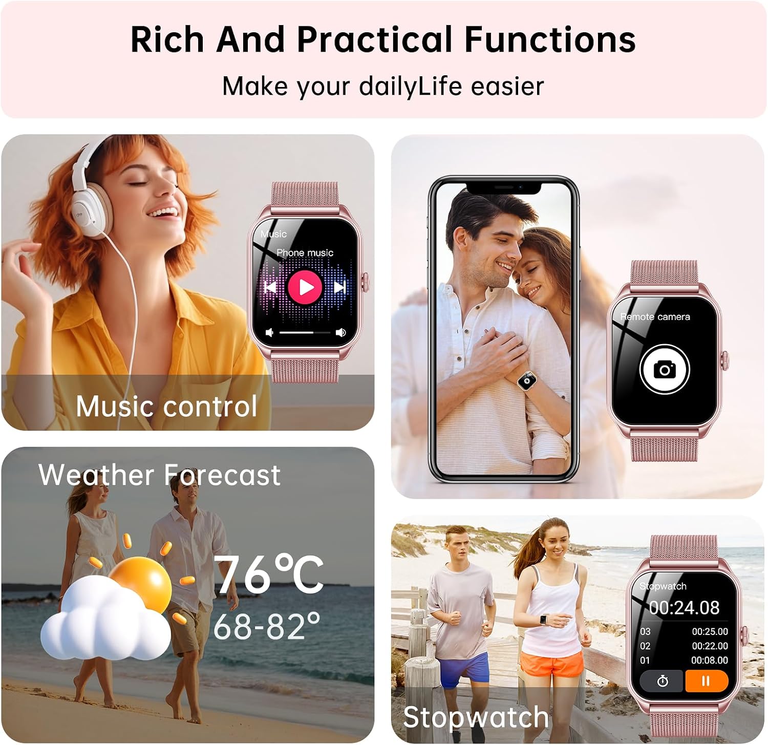 Detalle de TAOPODO Smart Watch for Women (Rose Pink): Bluetooth Calling, 120+ Sports & Health Tracking
