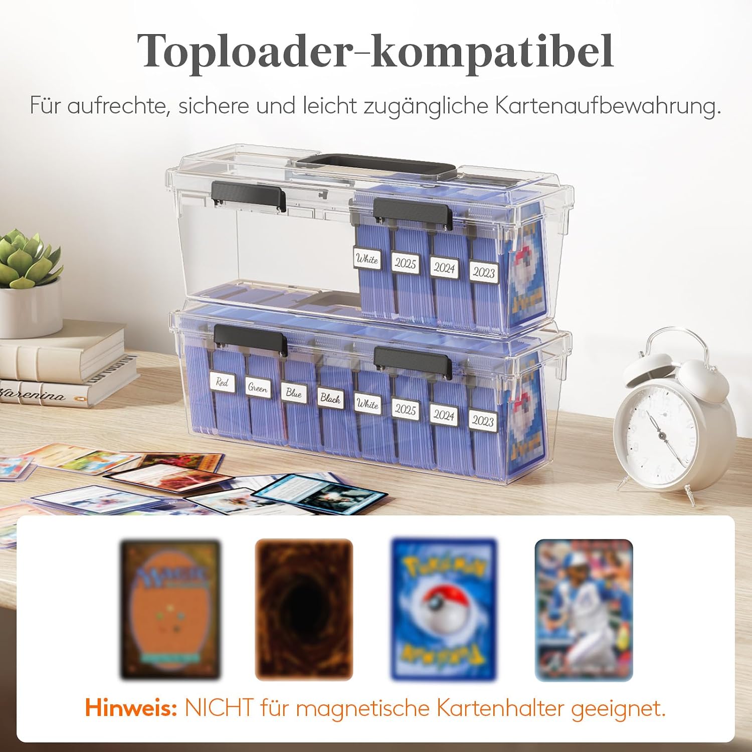 Detalle de Lifewit Sammelkarten Box: Toploader-kompatible Aufbewahrungslösung für MTG, Yugioh & Co. (2er-Set)