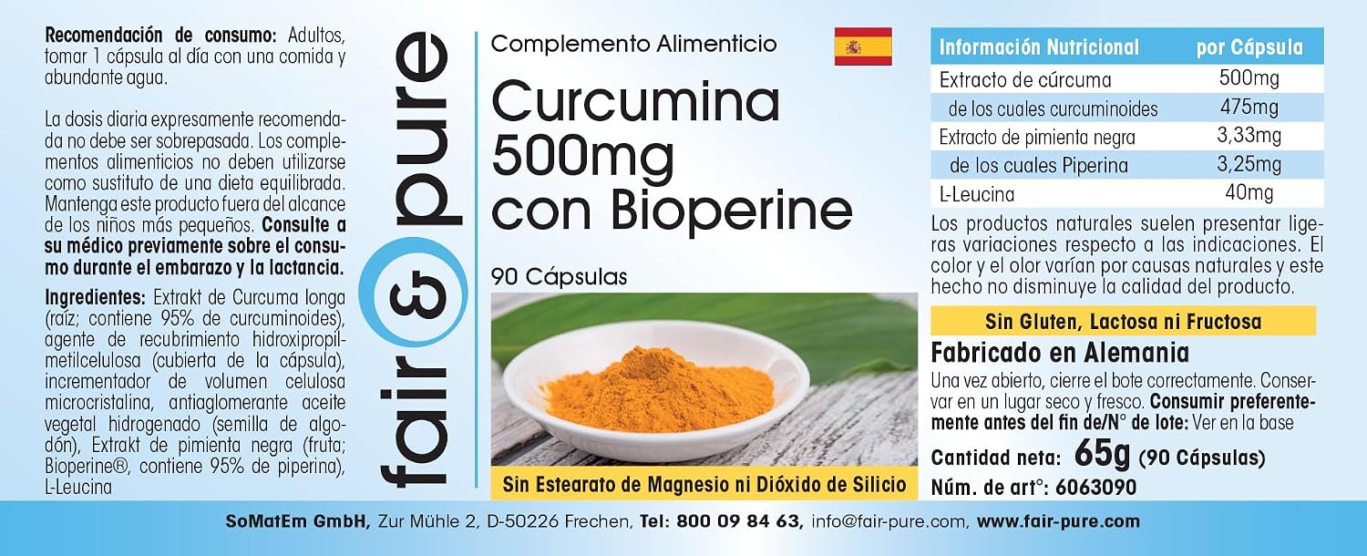 Detalle de Fair & Pure Curcumin 500 mg mit Bioperine – 90 Kapseln, vegan, in Deutschland hergestellt