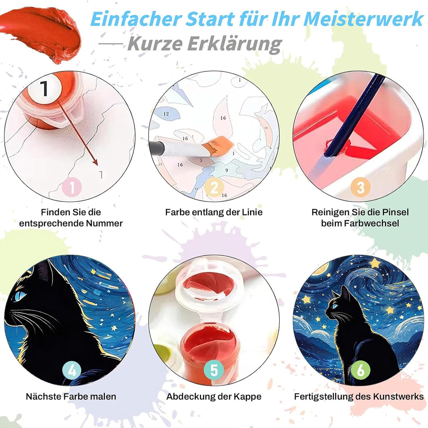 Detalle 2 de Luckyarina Malen Nach Zahlen Set für Kinder ab 5–10 Jahren – Schwarze Katze (30x40 cm) inkl. Leinwand, Farben und Pinsel