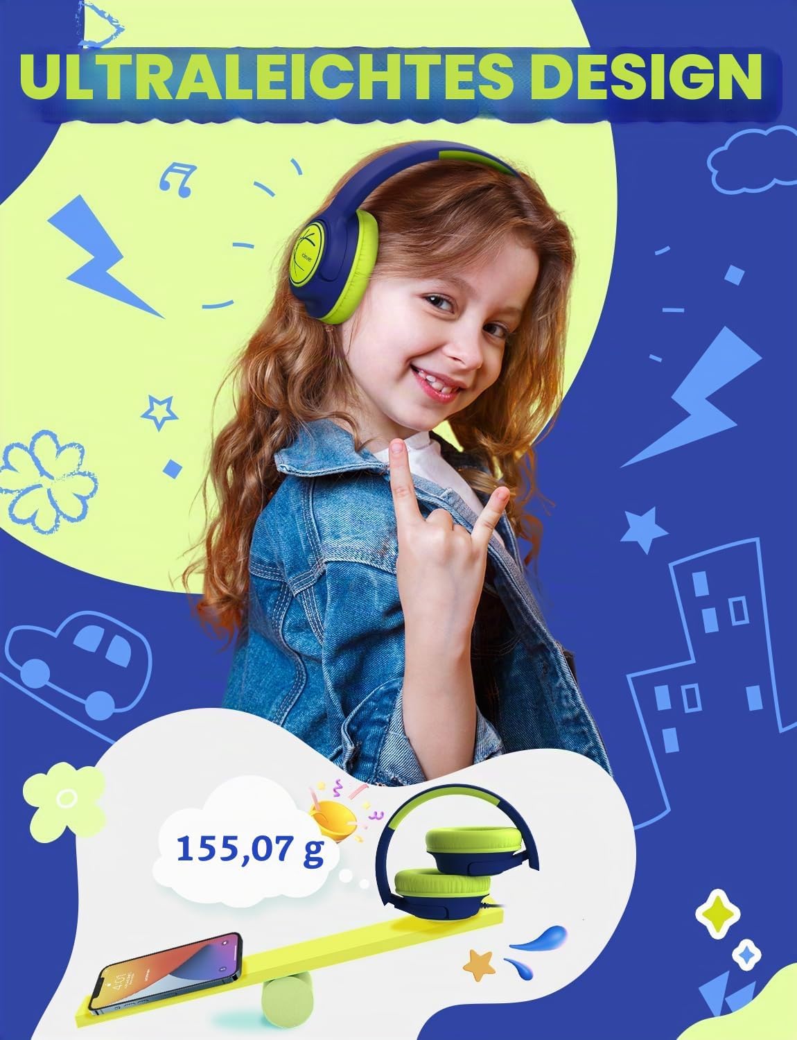 Thumbnail 4 de iClever Kinderkopfhörer mit Kabel (85 dBA) – faltbar, Stereo-Sound, 3,5-mm für iPad & Tablets, Blau-Grün