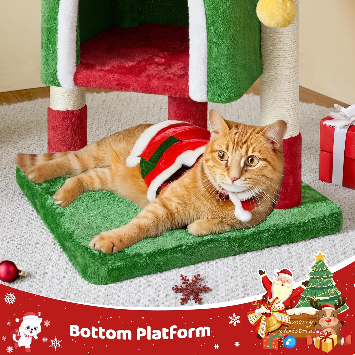 Thumbnail 5 de Yaheetech Christmas Themed Cat Tree Tower for Kittens (Red/Green) with Scratch Post, Plush Condo & Dangling Ball