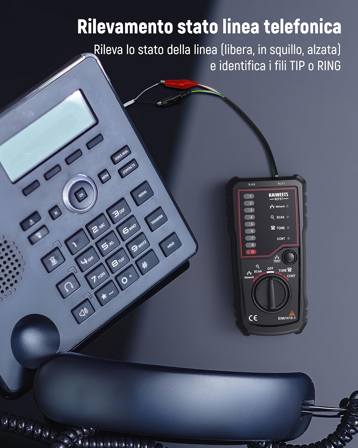 Detalle de KAIWEETS tester RJ45 – Tester cavi RJ45 RJ11, tracciamento, mappatura pin e test di continuità