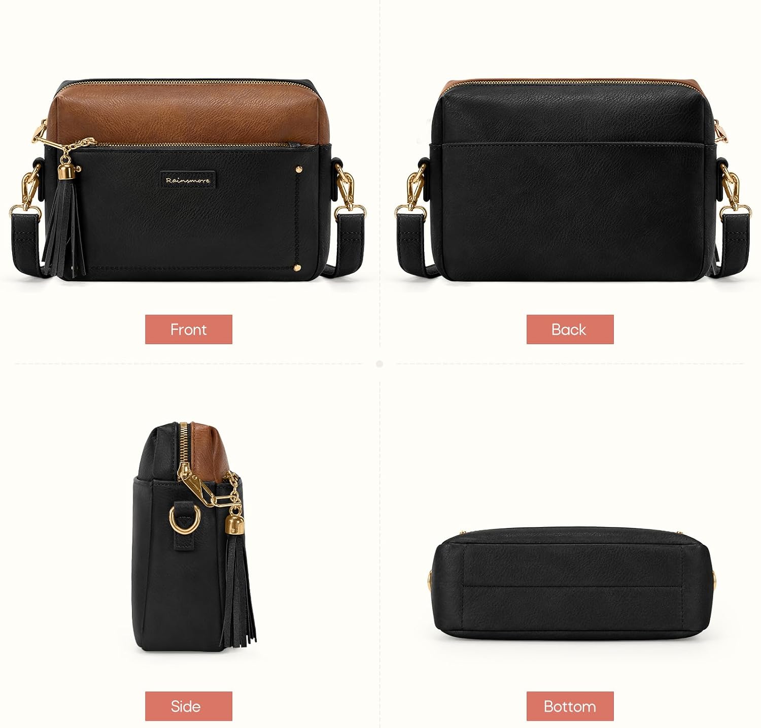 Detalle de RAINSMORE Crossbody Bag for Women – Waterproof PU Leather, Anti-Theft Zippers & 5-Compartment Design