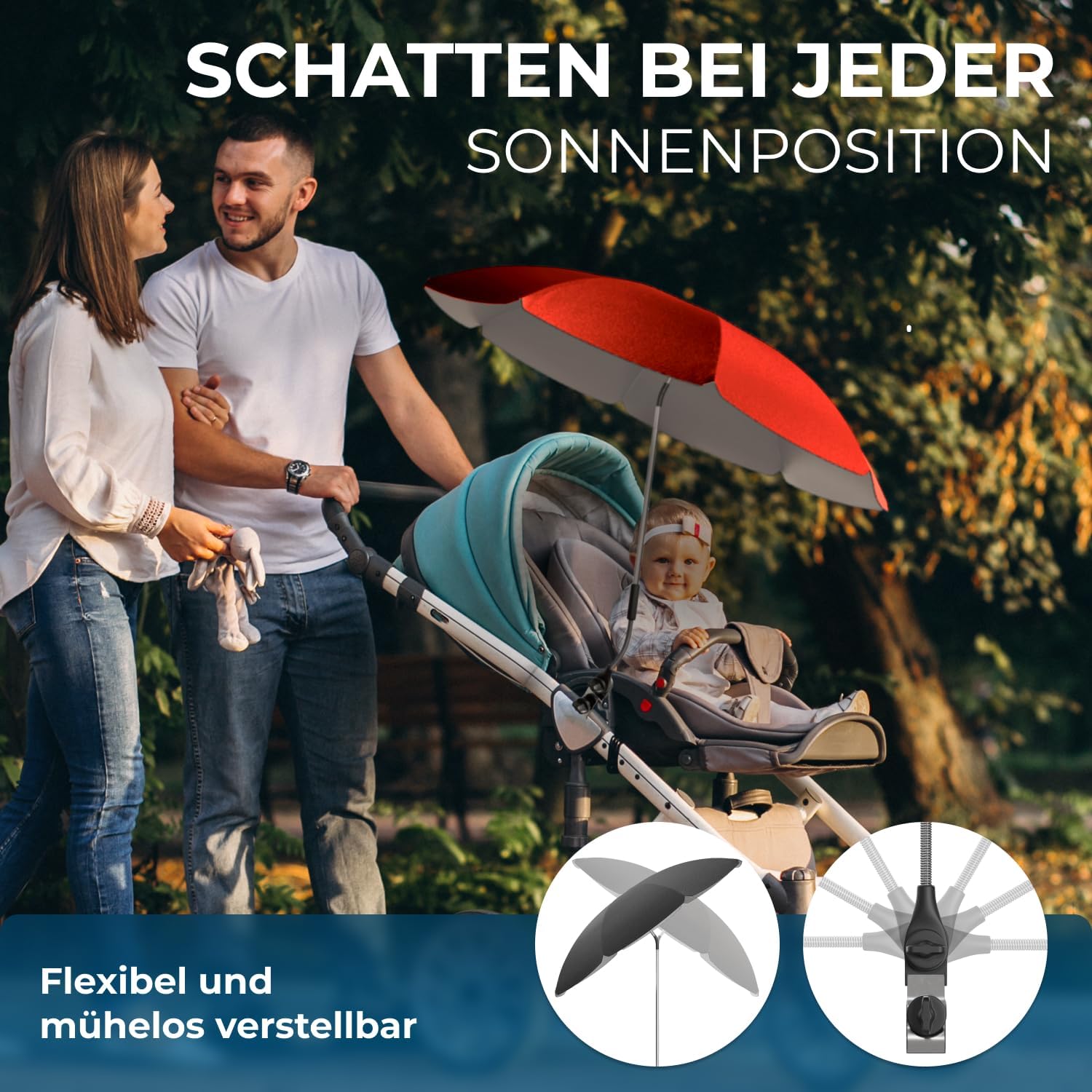 Detalle de STYNGARD Sonnenschirm für Kinderwagen UV Schutz 50+ – 70 cm Durchmesser mit Überhang, Modell ROME (Rot)