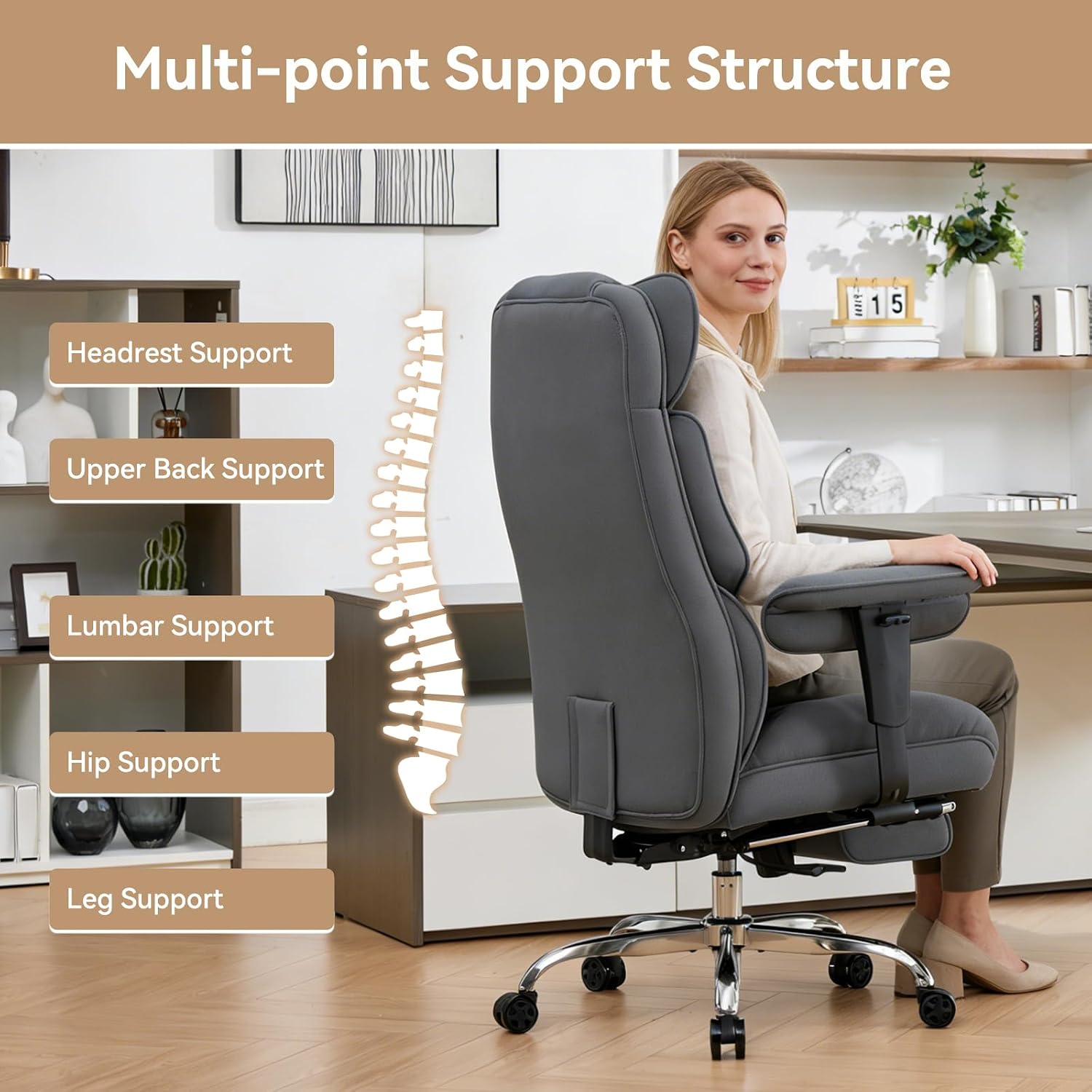 Thumbnail 3 de Efomao 3084f Big & Tall Office Chair, Beige Mesh with Footrest