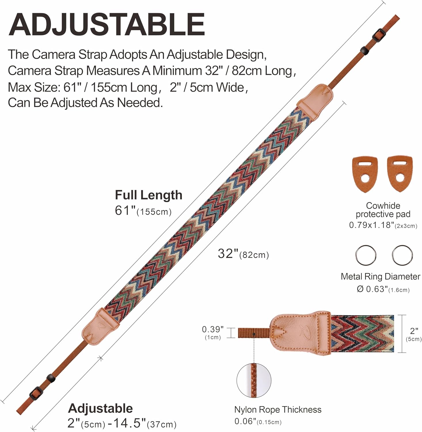 Detalle de Padwa Lifestyle Kameragurt – 2 Zoll breiter Vintage-Baumwollgurt mit Rindsleder-Enden