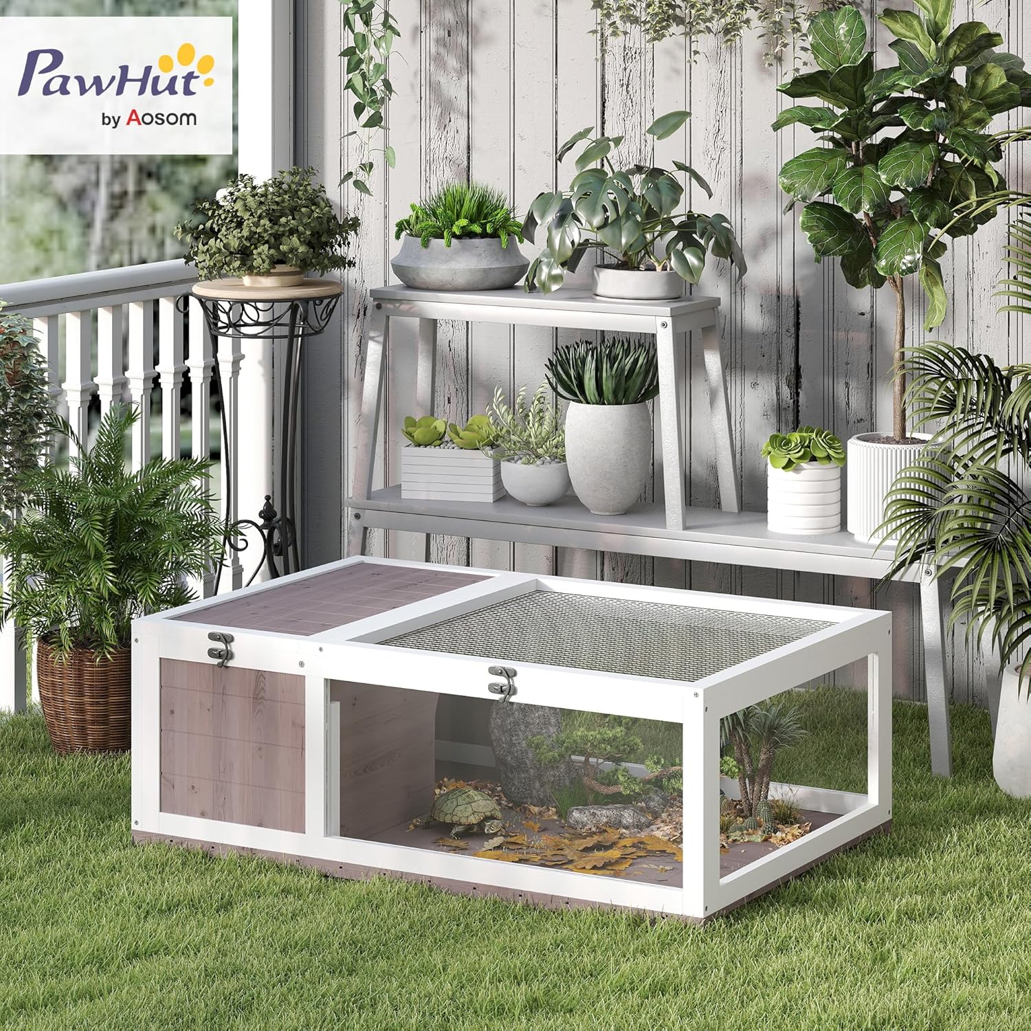 Thumbnail 1 de PawHut Maison pour tortues de terre double zone en bois (91 x 60,5 x 32 cm) avec toit ouvrable