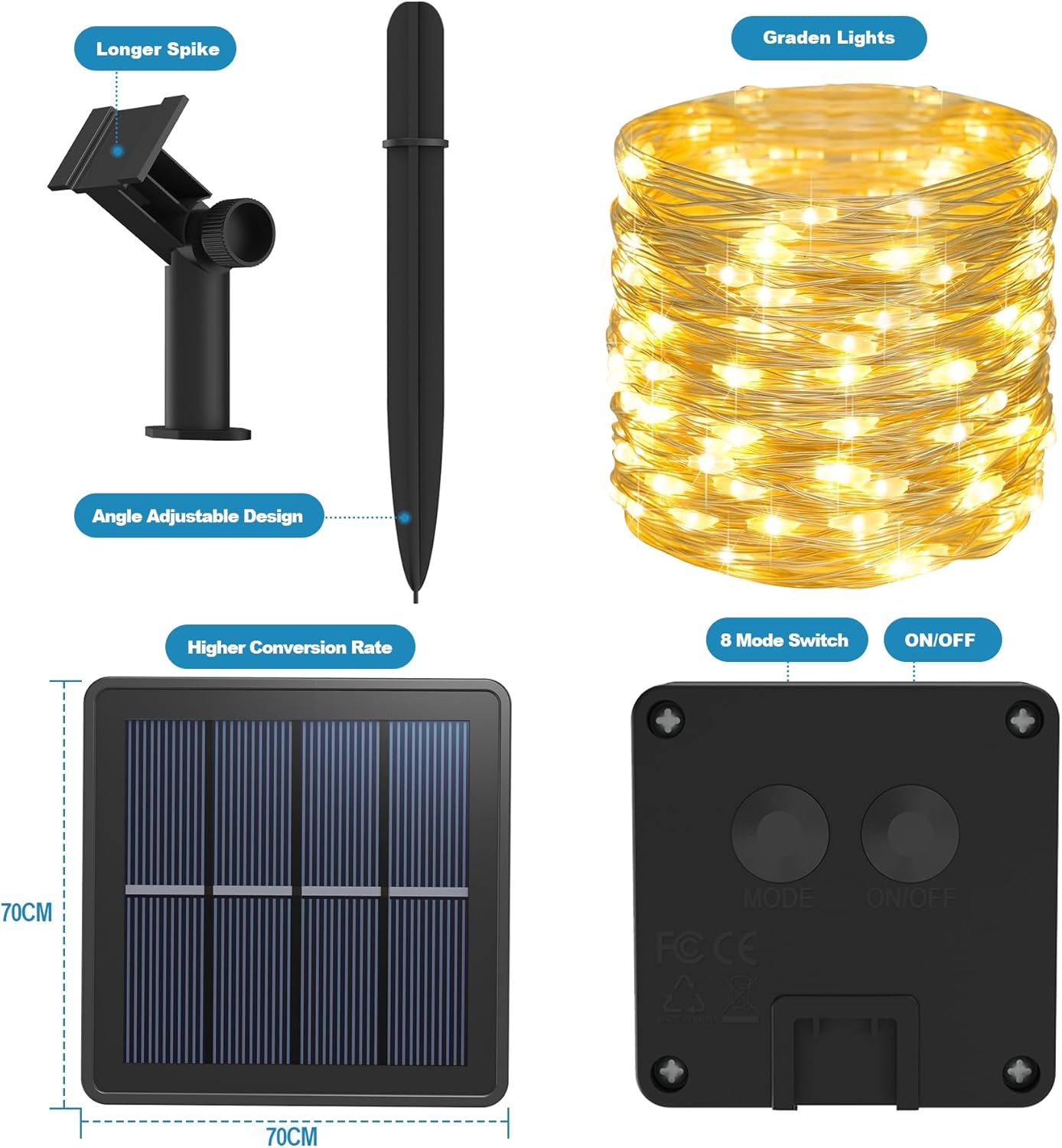 Thumbnail 3 de 120LED Solar Fairy Lights (2 Packs, 12M) with 8 Modes, IP65 Waterproof Solar Garden String Lights – Warm White