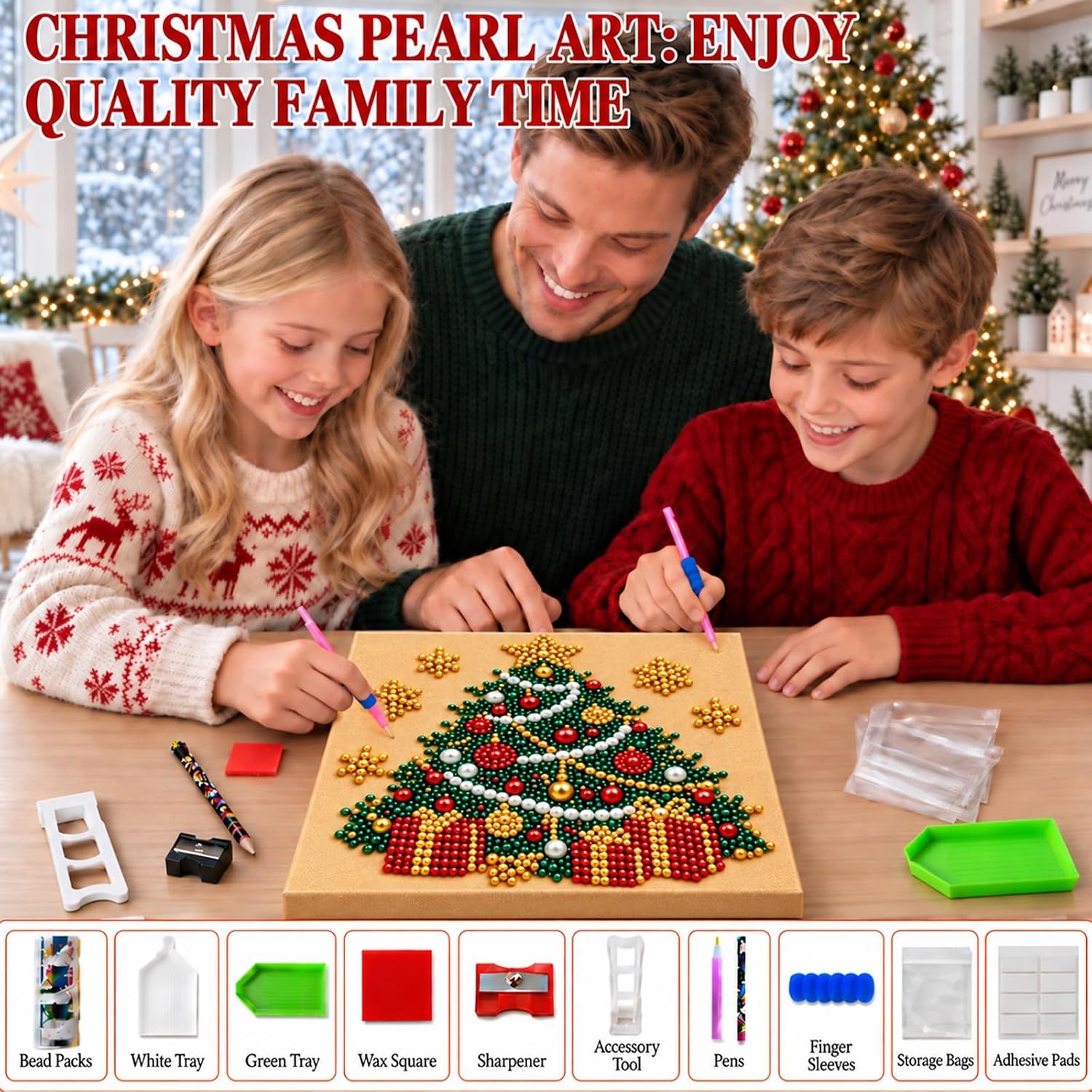 Detalle de BERNN Christmas Tree 1 Pearl and Diamond Art Kit, 10 x 10-Inch Christmas Decor